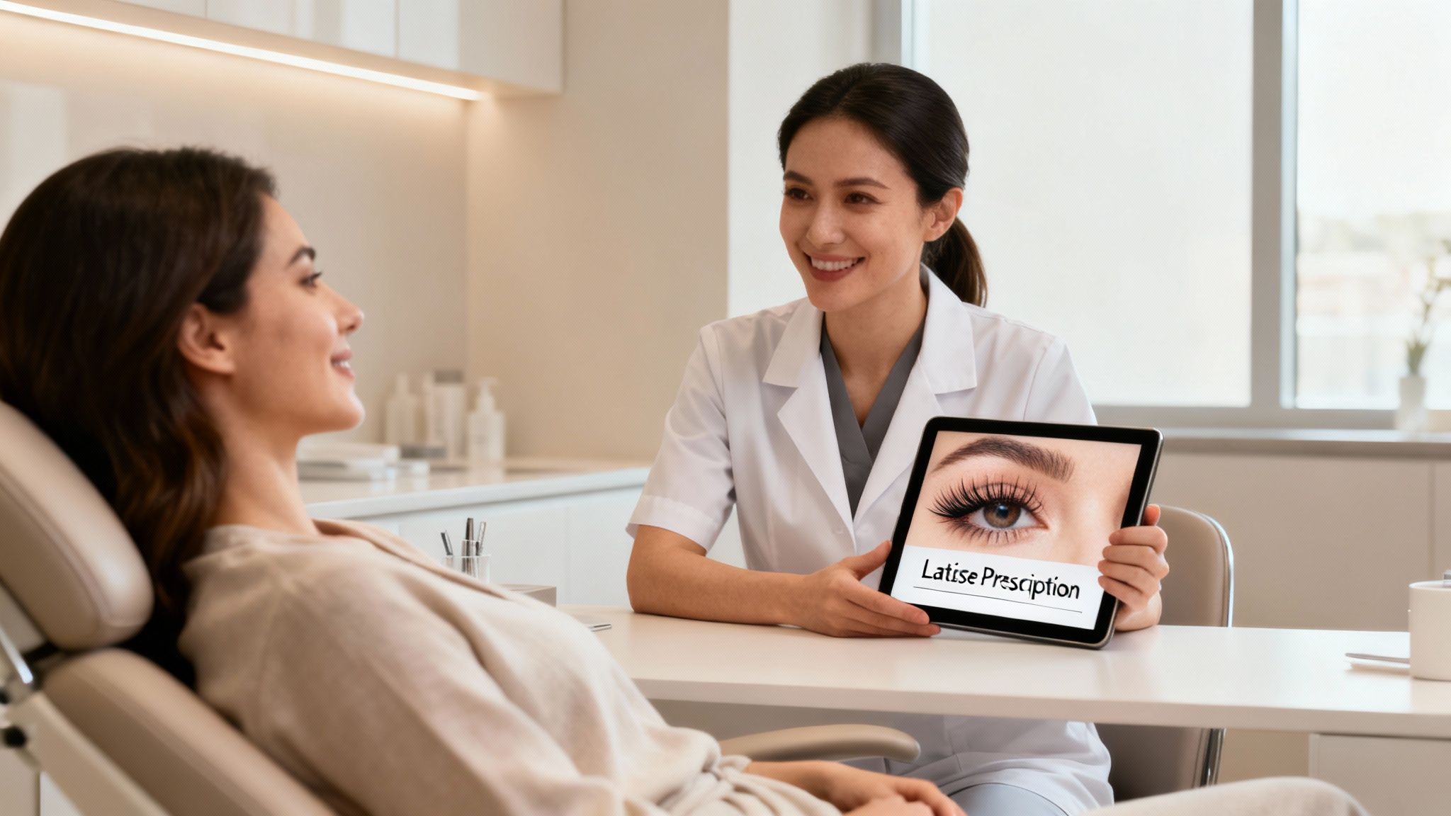 A doctor shows a patient a tablet displaying a Latisse prescription for long eyelashes.