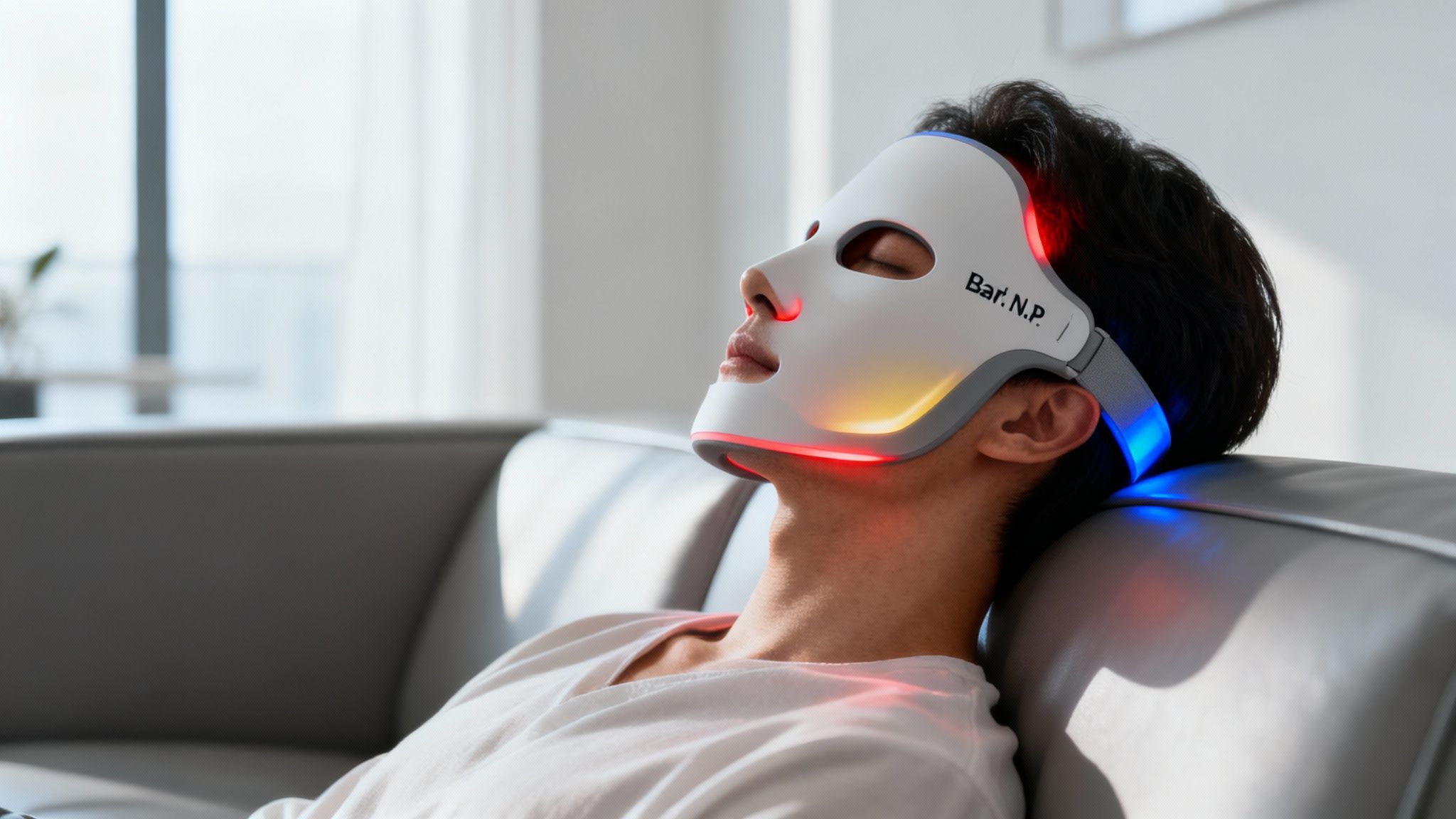 A person relaxing on a sofa, wearing a white LED facial mask emitting colorful lights.
