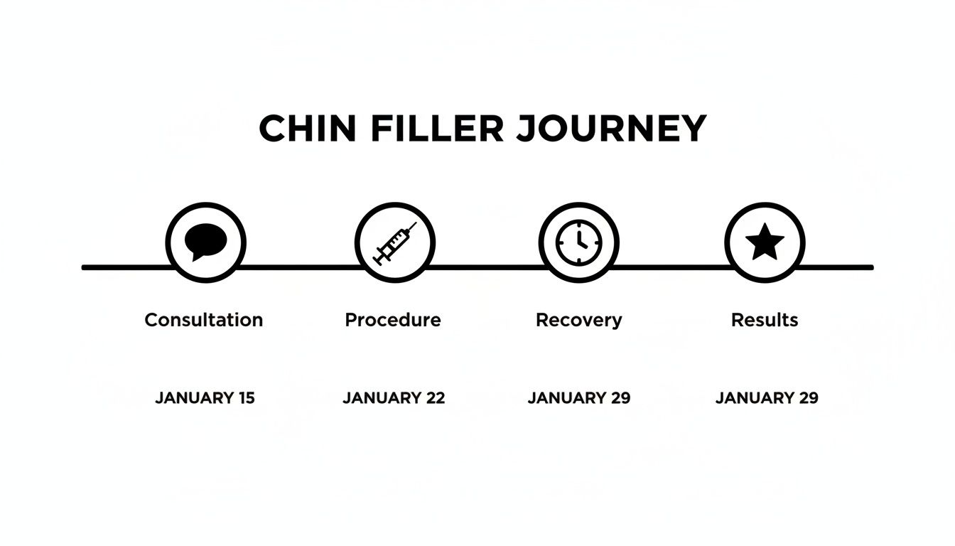 Timeline illustrating the chin filler journey with four steps: Consultation, Procedure, Recovery, and Results, including dates.