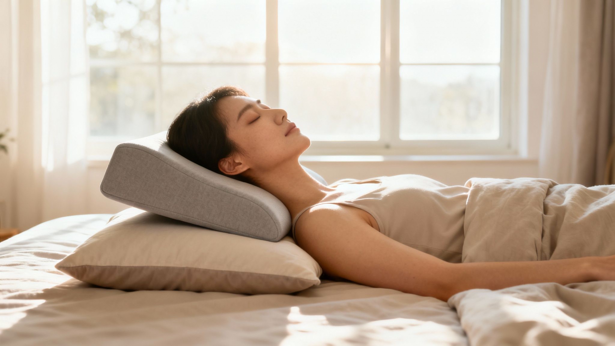 Woman resting peacefully on orthopedic pillow in bright bedroom after cosmetic treatment