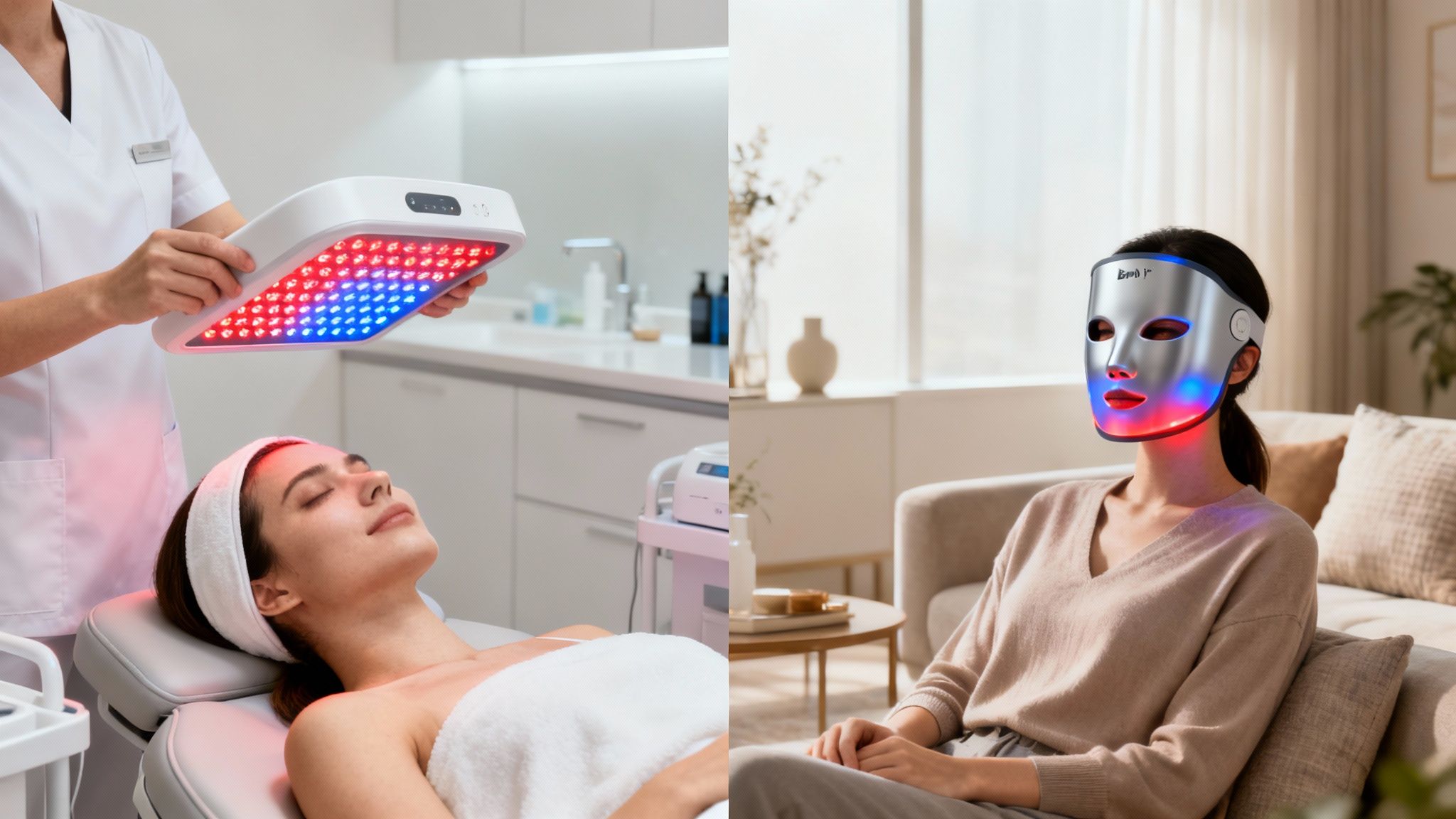 Two women receiving LED light therapy for skin, one in a clinic, one at home.