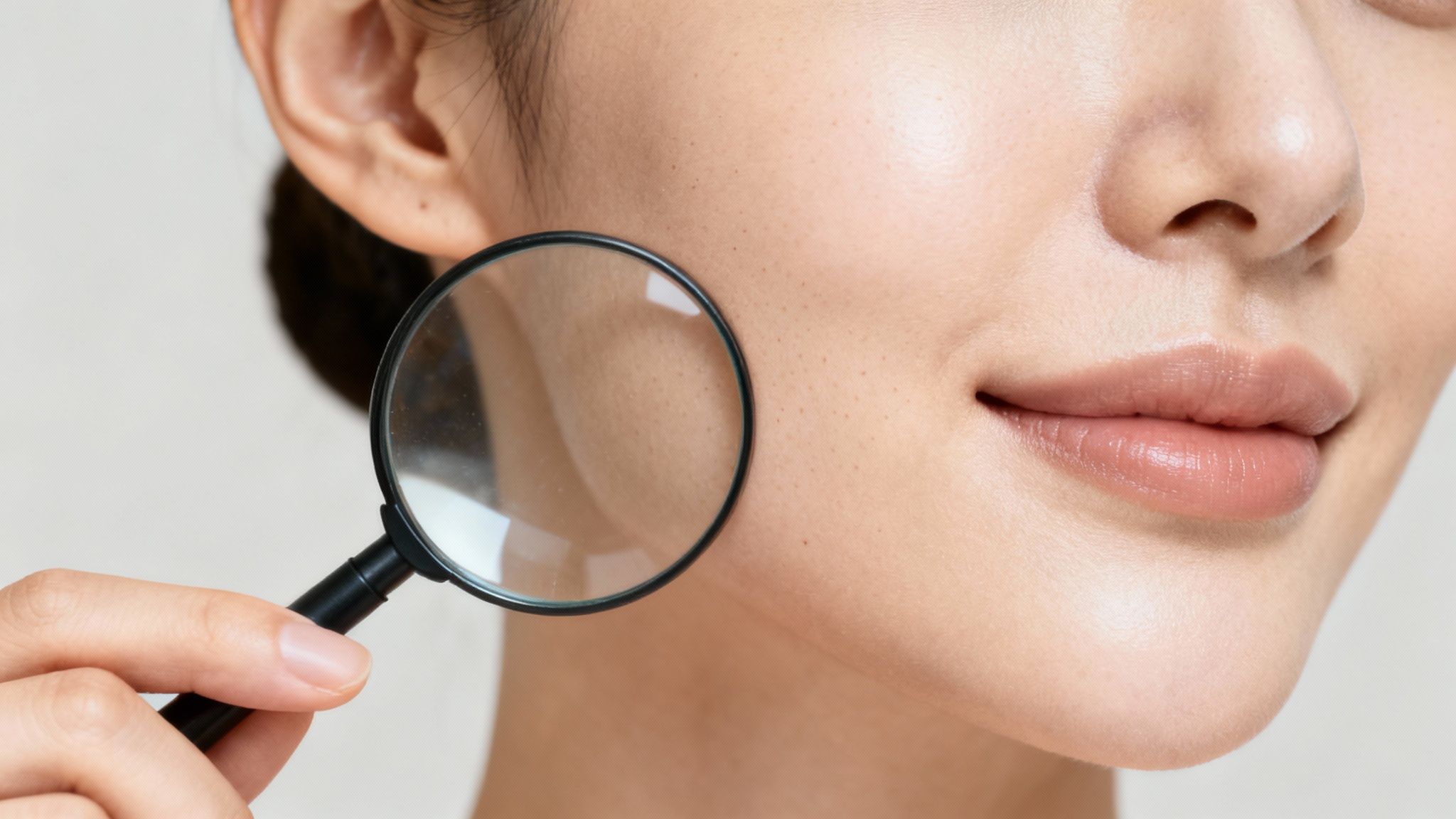 Close-up of a woman's face, holding a magnifying glass to her cheek to examine her skin and pores.