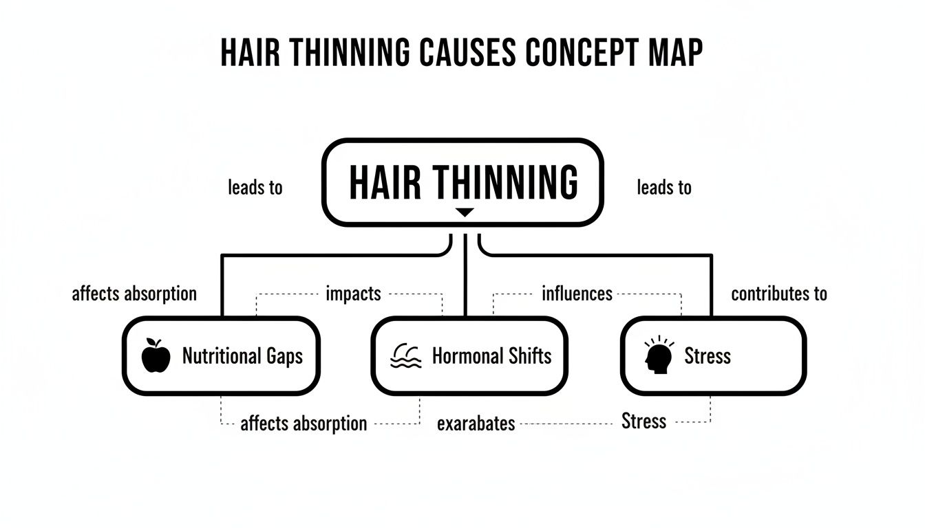 Concept map illustrating hair thinning causes, including nutritional gaps, hormonal shifts, and stress.