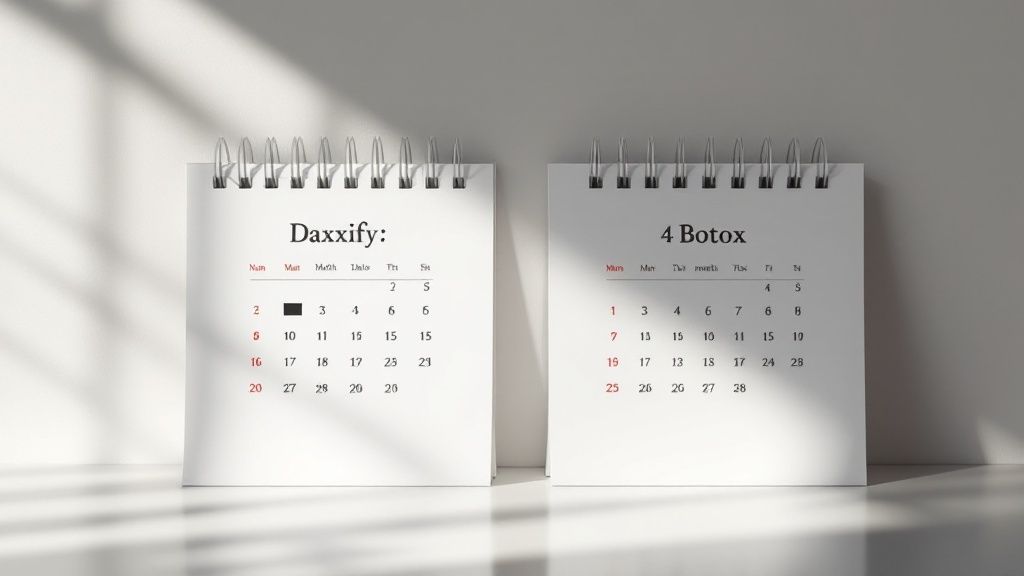 A split image showing a calendar on one side and a stopwatch on the other, symbolizing duration and onset of Daxxify and Botox results.