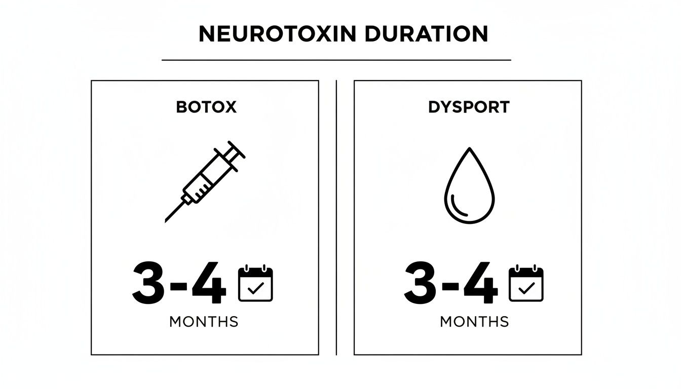 Infographic comparing Botox and Dysport neurotoxin duration, both treatments typically lasting 3-4 months.