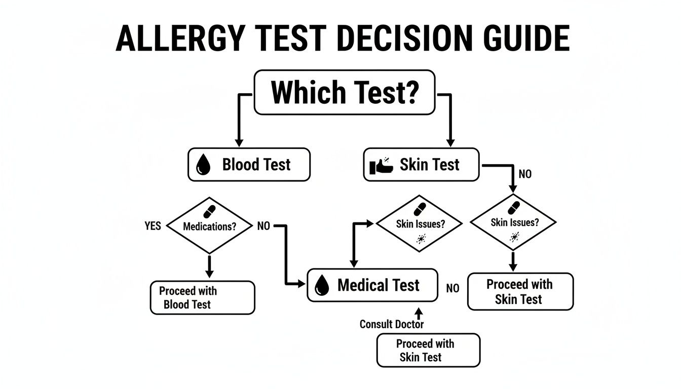 Flowchart guiding selection between allergy blood and skin tests based on medical factors.