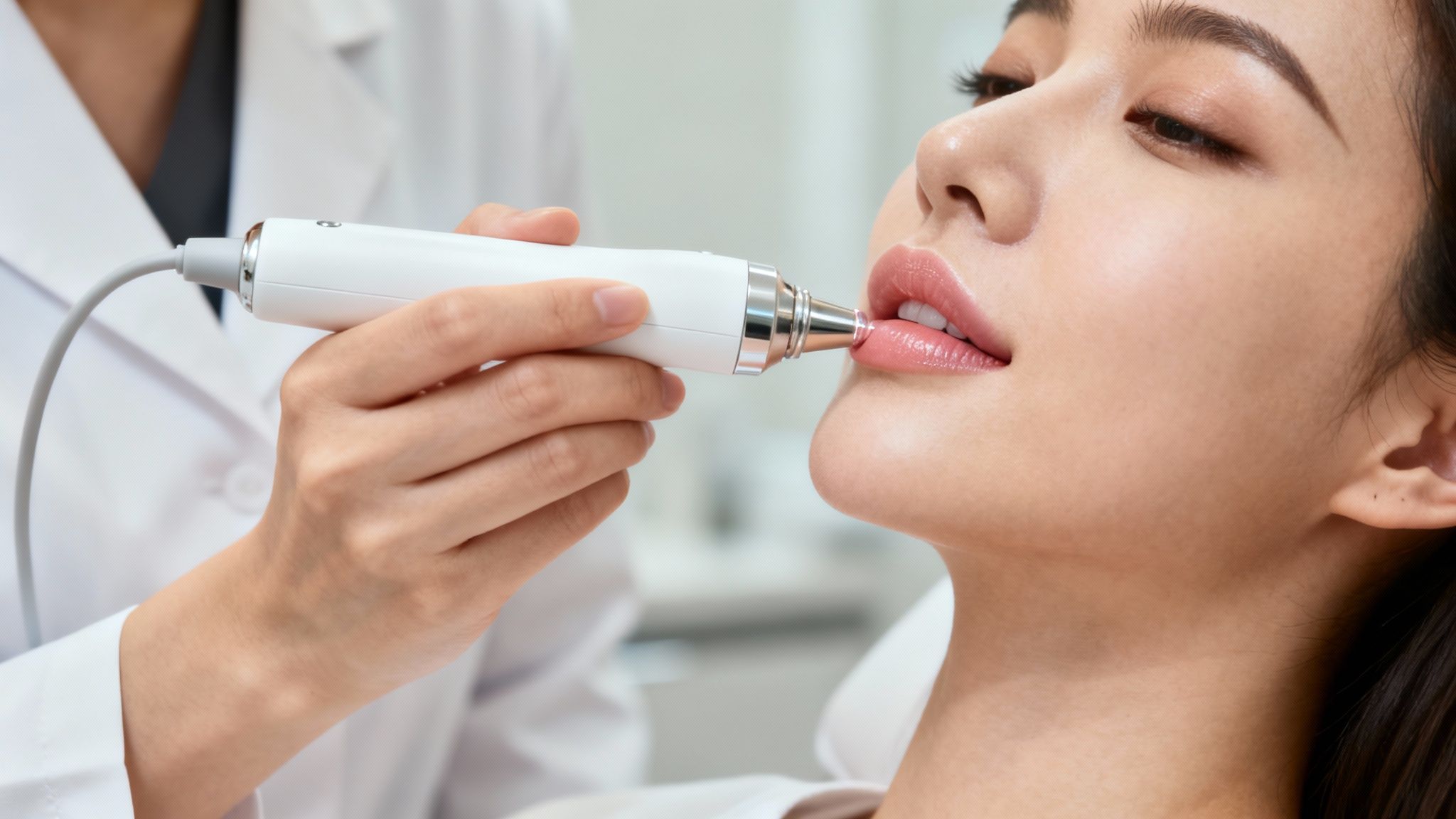 A close-up of a person receiving a non-invasive lip treatment with a device in a clinic.