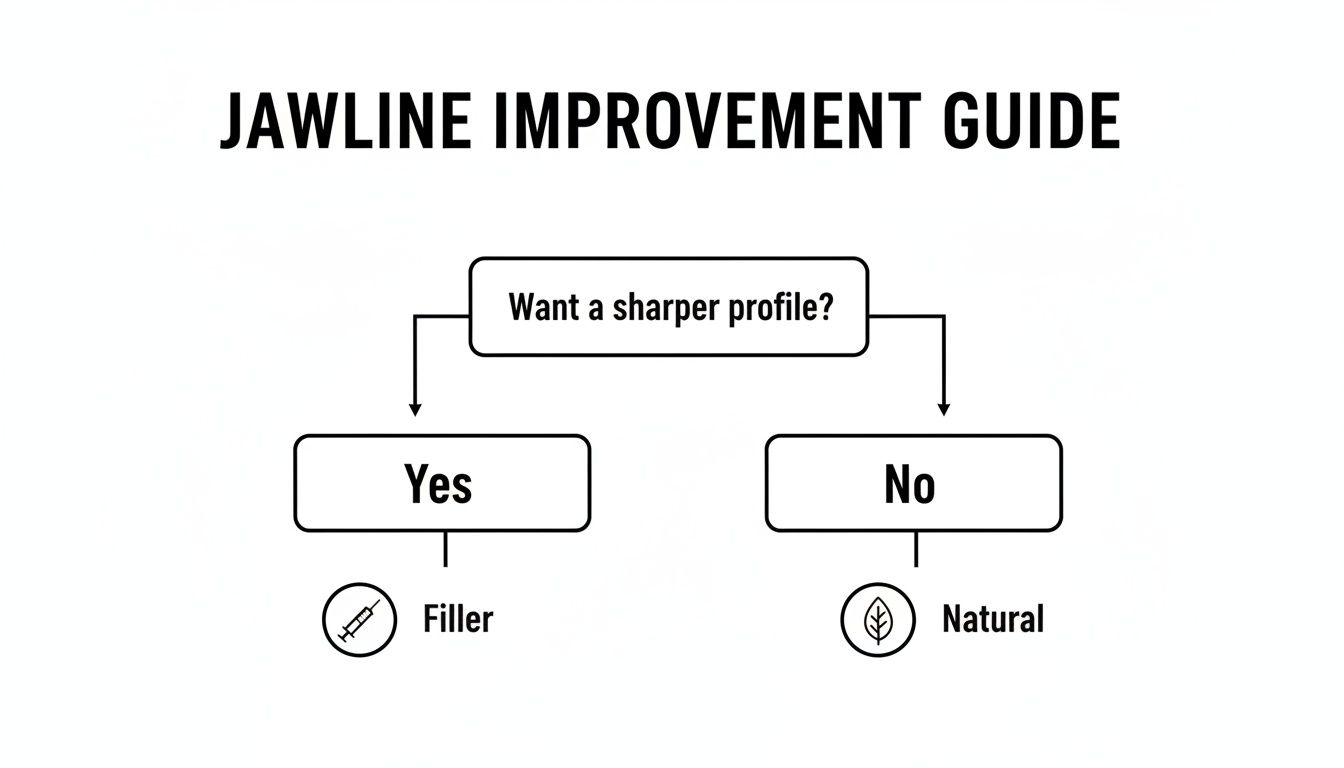 A flowchart illustrating jawline improvement guide, offering filler for sharper profile or natural methods.