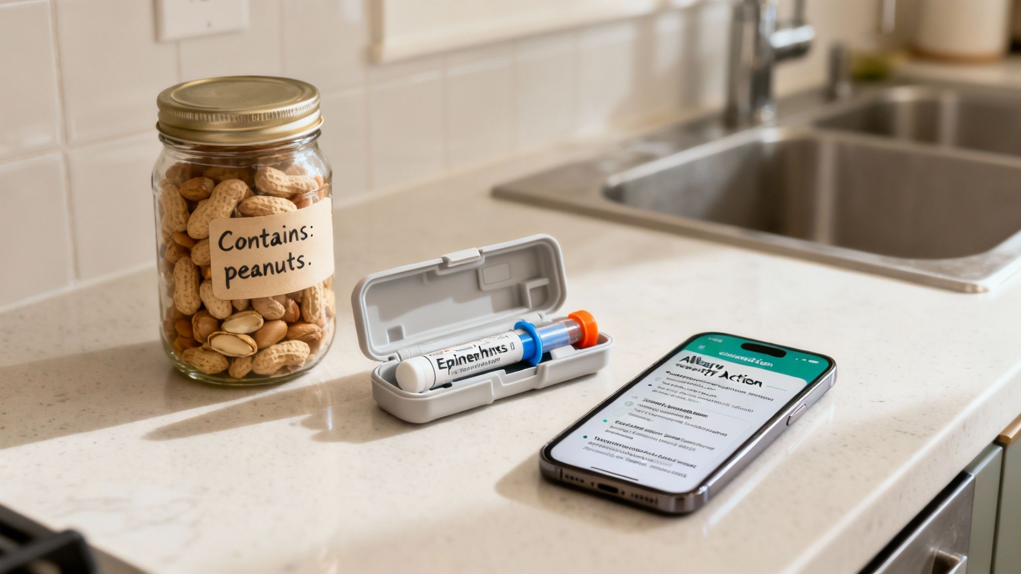 A jar of peanuts labeled 'Contains: peanuts' next to an epinephrine auto-injector and a phone with allergy information.