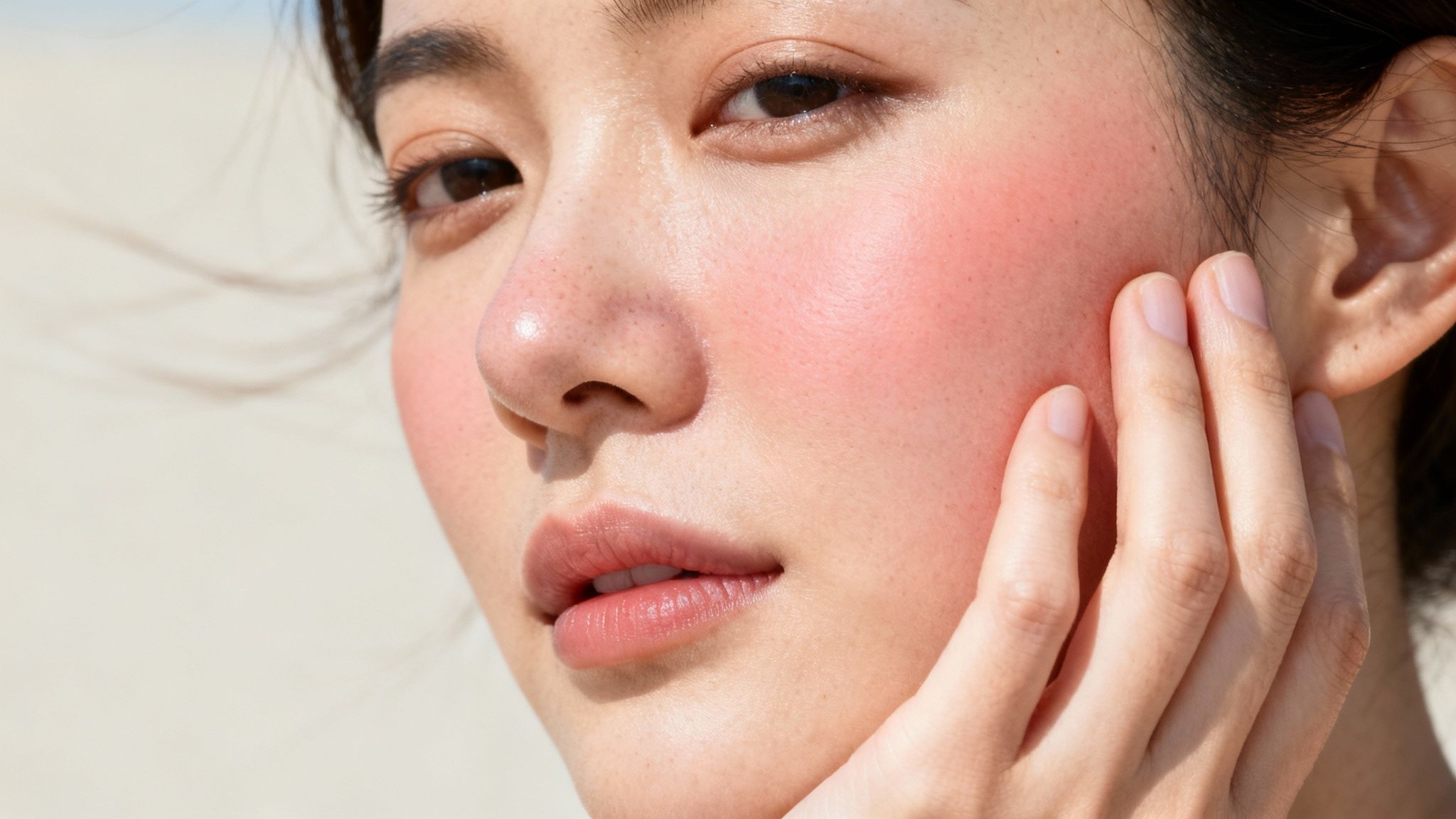 A young Asian woman with natural makeup, glowing skin, and a hand gently touching her cheek.