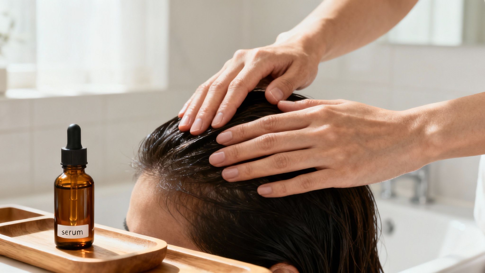 Woman using a red light therapy mask to strengthen hair follicles at the hairline.