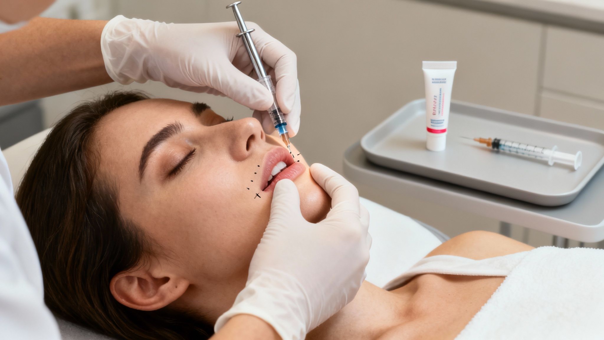 A medical professional in gloves preparing a syringe for a cosmetic injection.