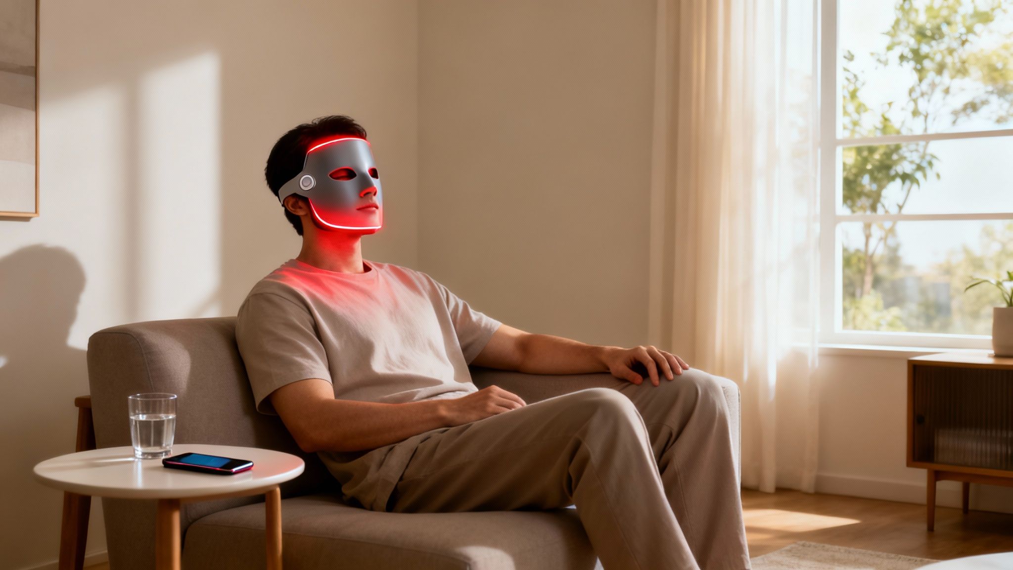 Man in a red light therapy mask relaxing on a couch in a bright living room.