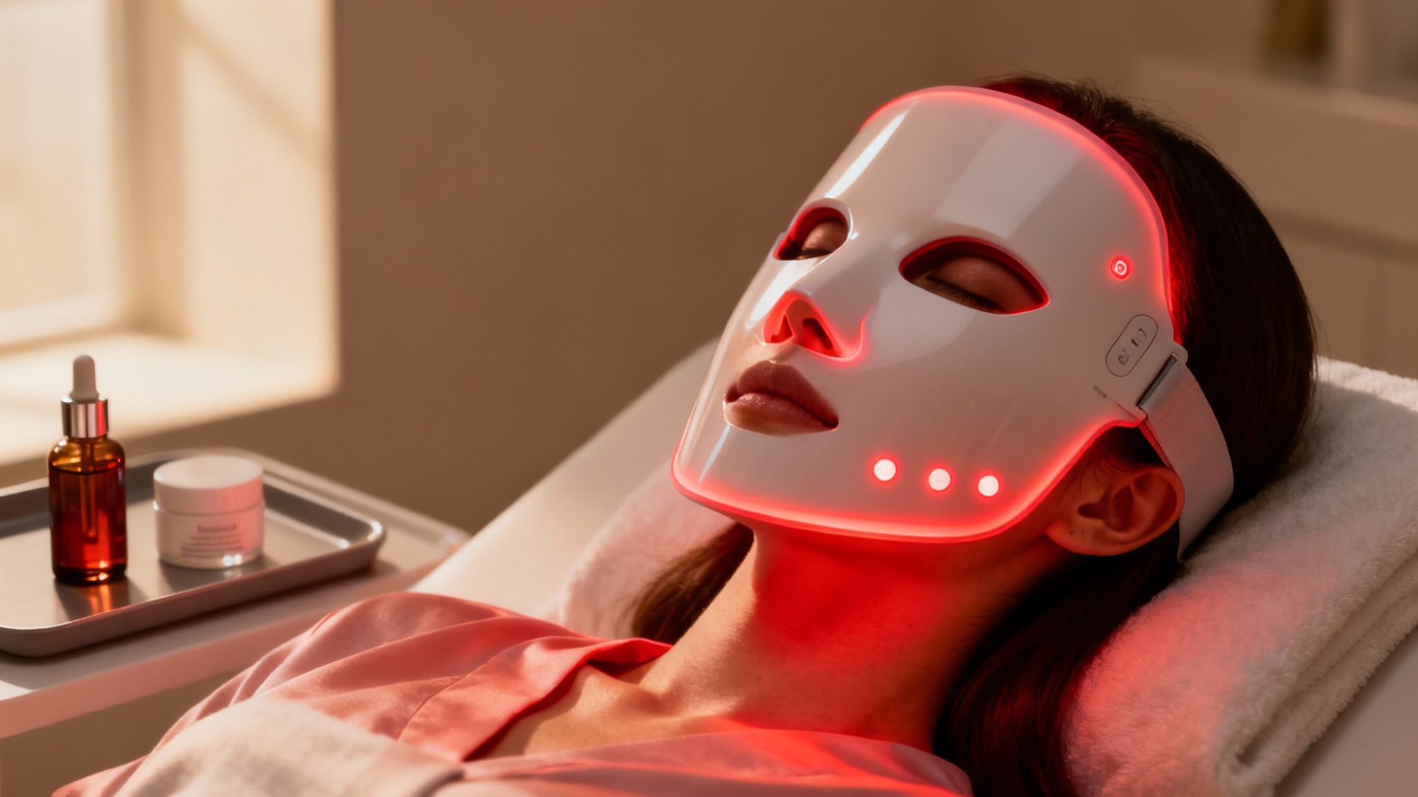 Woman relaxing with a red LED light therapy mask on her face for skin treatment.