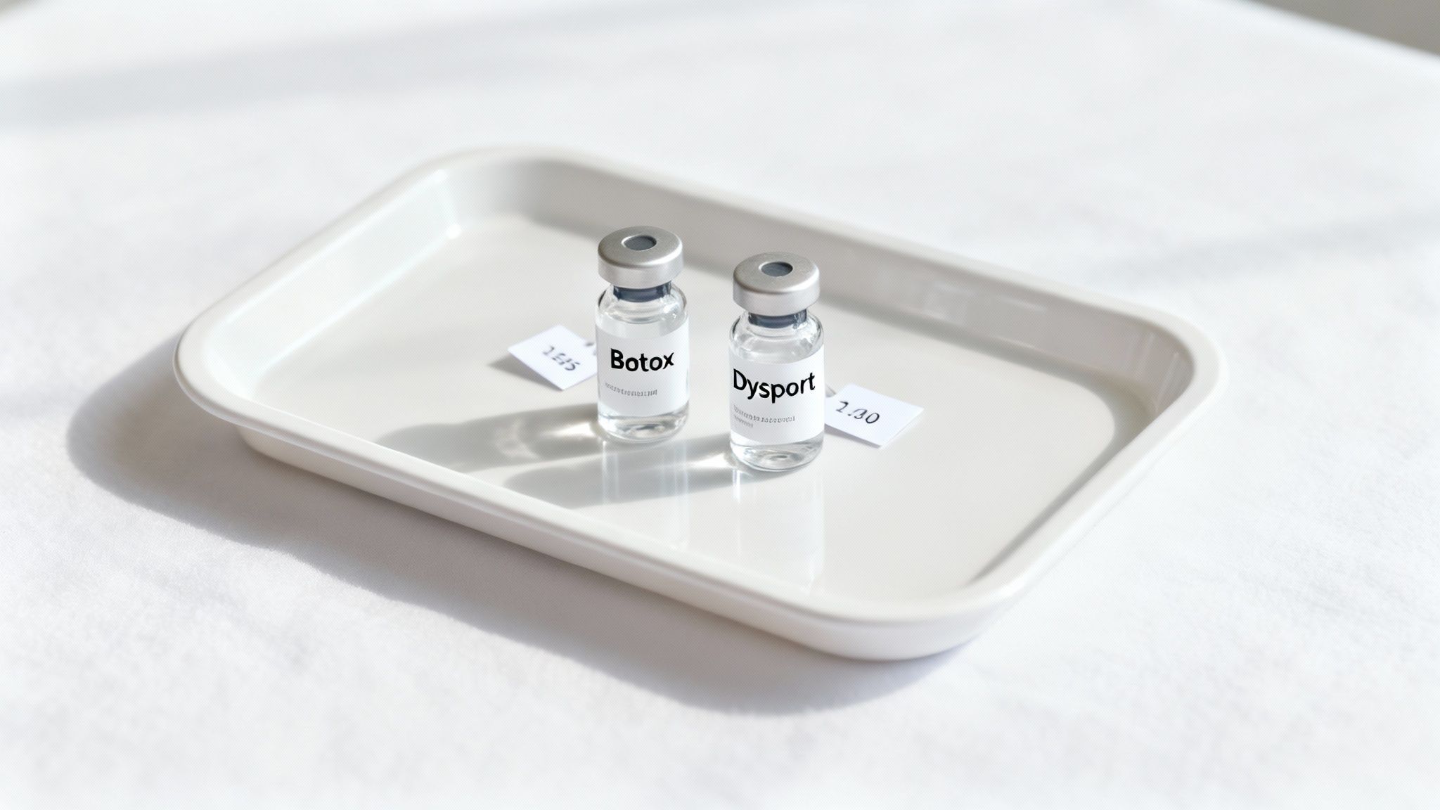 A woman's face showing areas for Botox or Dysport injections on her forehead and around her eyes.