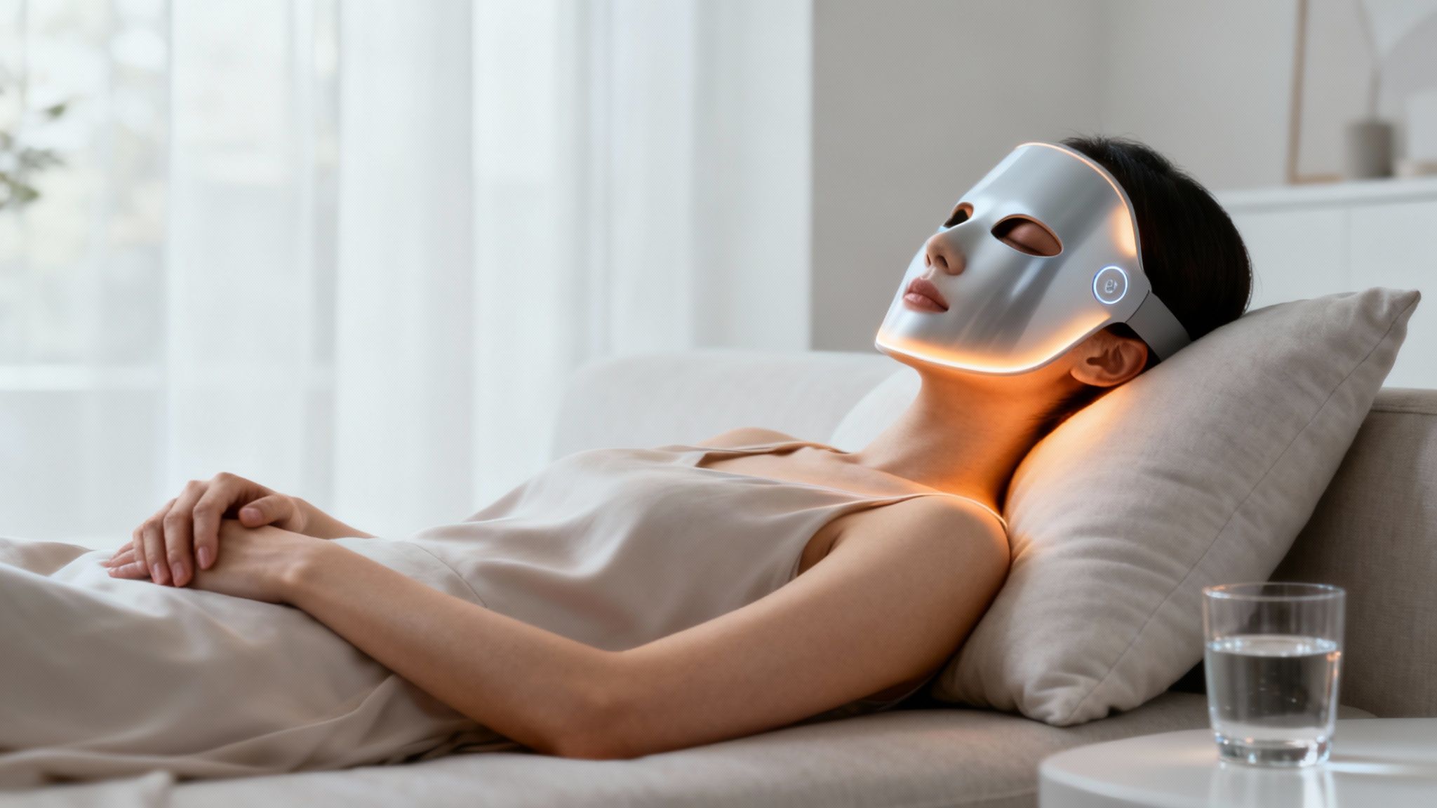 A person holding a white LED facial mask in front of their face.