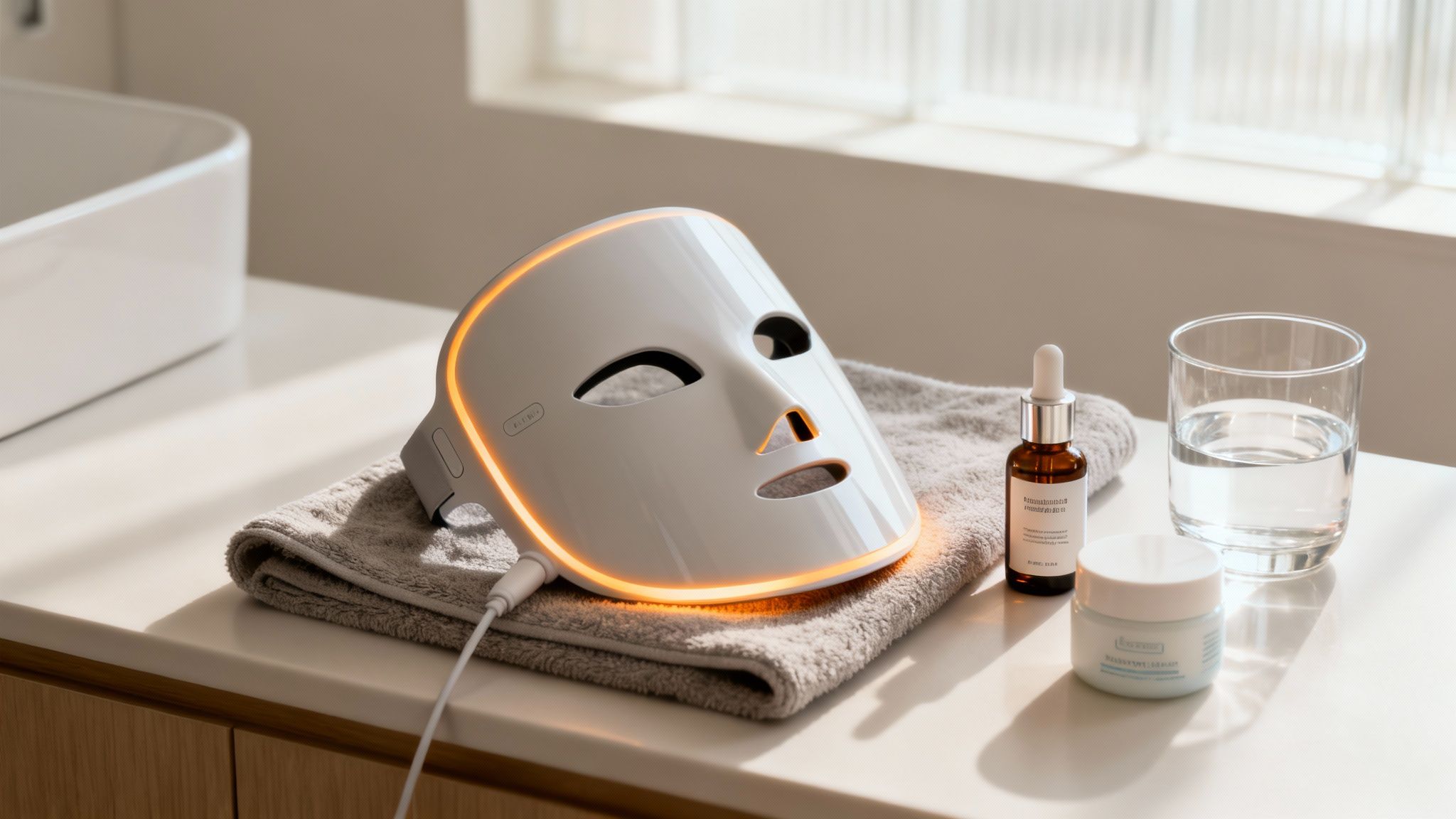 A white LED light therapy face mask glowing orange on a towel, with skincare products and water.