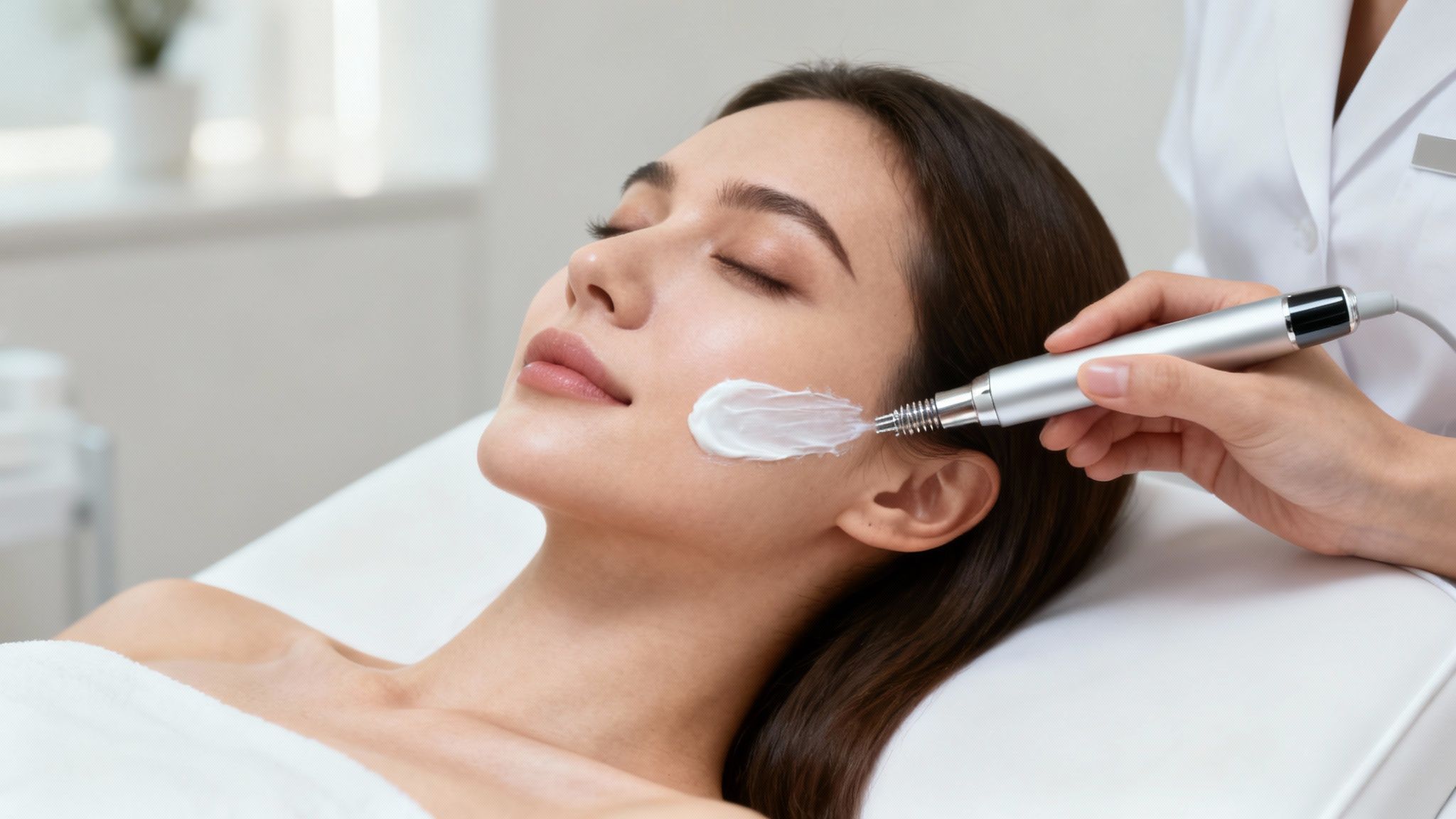 A patient undergoing a skin treatment with a microneedling device.