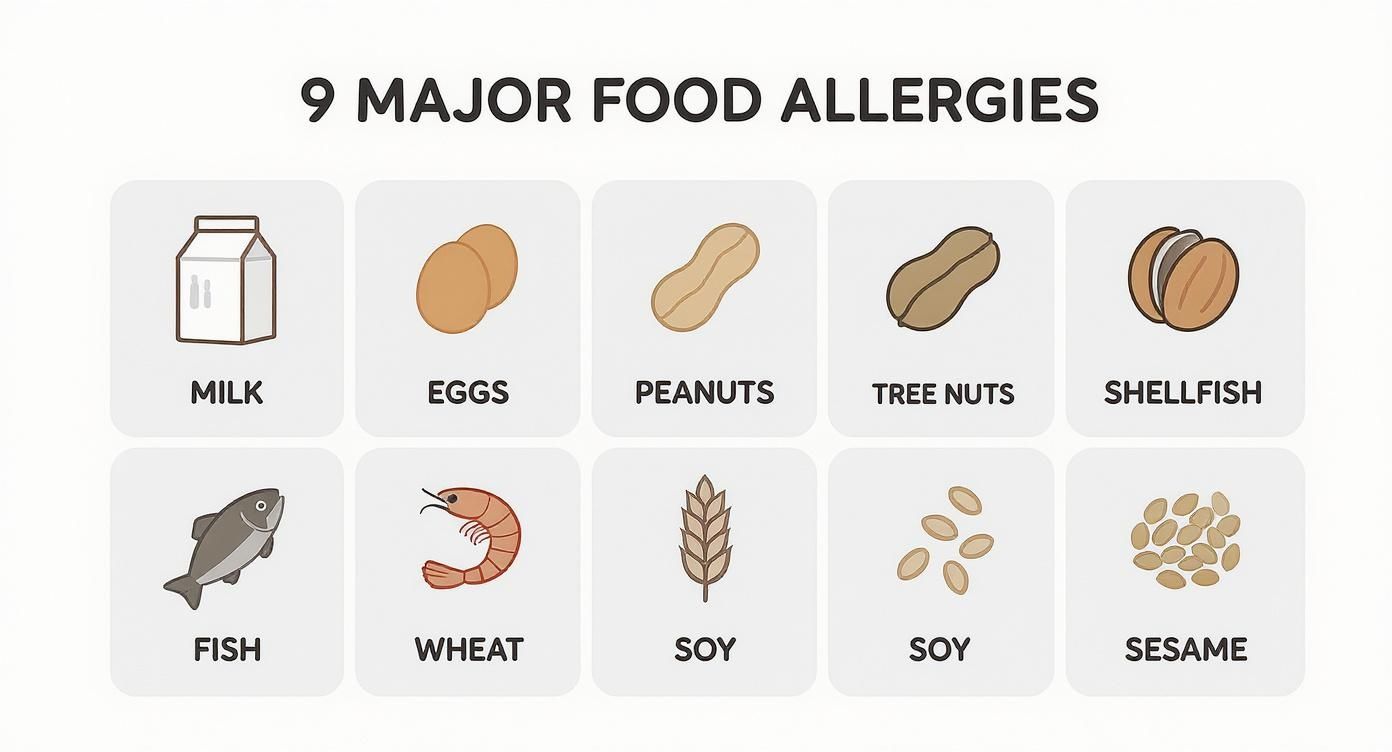 Infographic displaying 9 major food allergies: milk, eggs, peanuts, tree nuts, shellfish, fish, wheat, soy, and sesame.