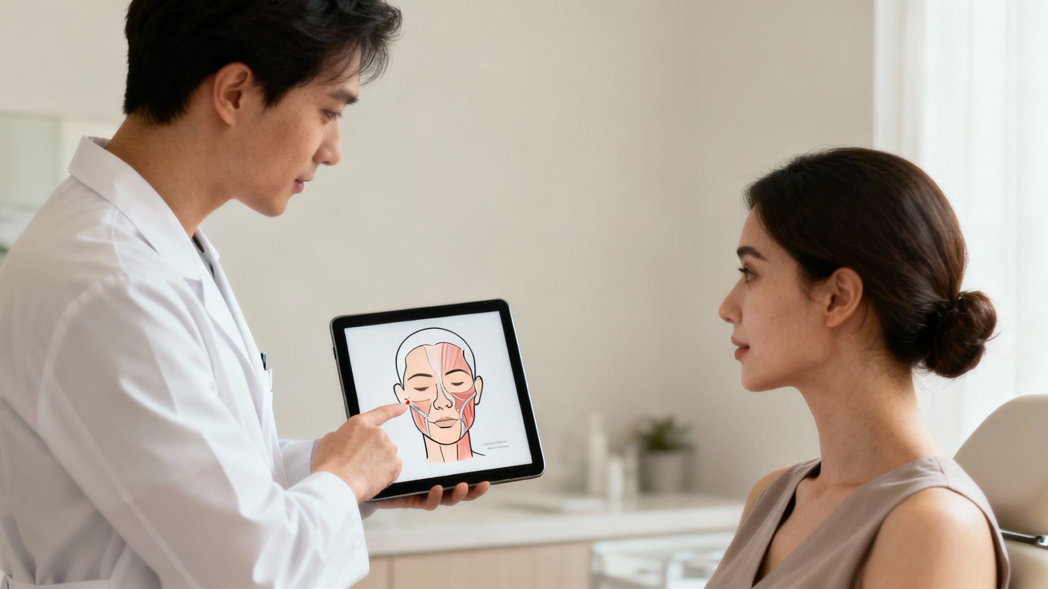 Detailed diagram showing the layers of human skin and facial muscles underneath.