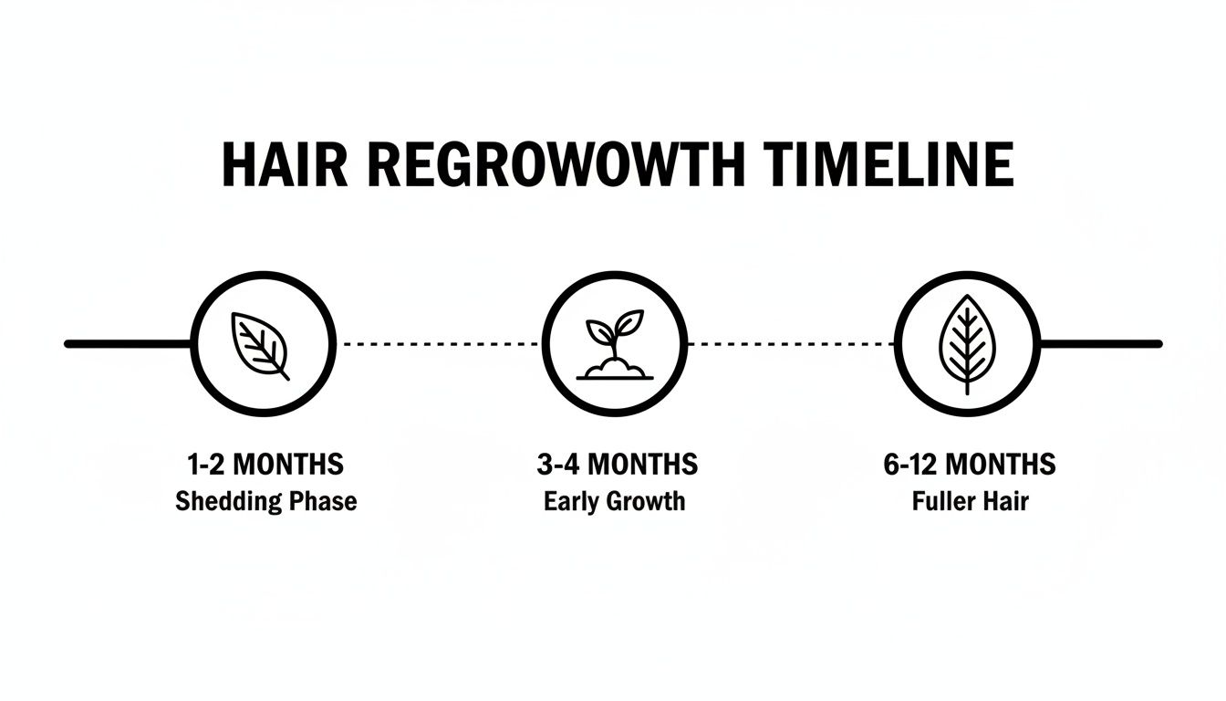Hair regrowth timeline illustrating shedding, early growth, and fuller hair phases over 1 to 12 months.