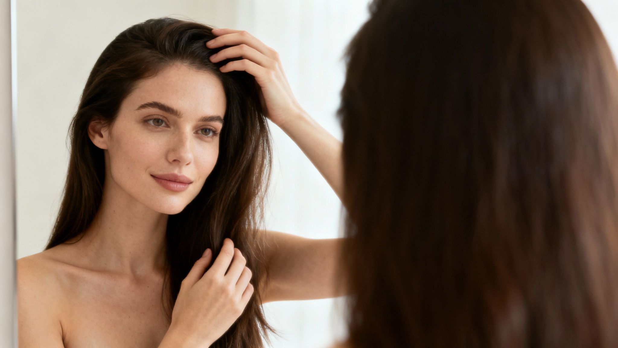 Beautiful woman with long dark hair checking her reflection in a mirror.