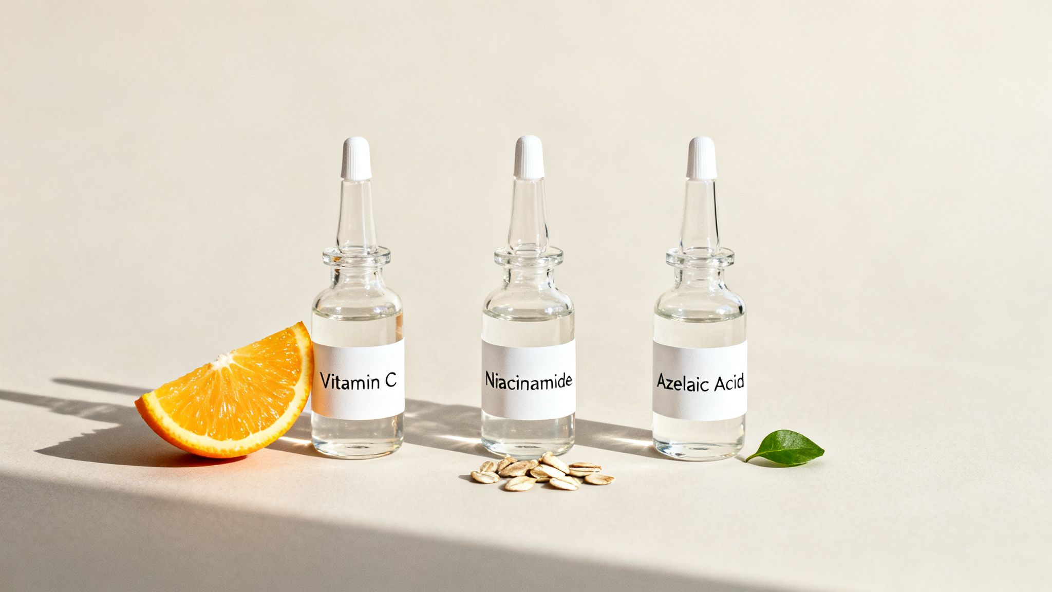 Three clear ampoules labeled Vitamin C, Niacinamide, and Azelaic Acid, with an orange slice, oats, and a green leaf.