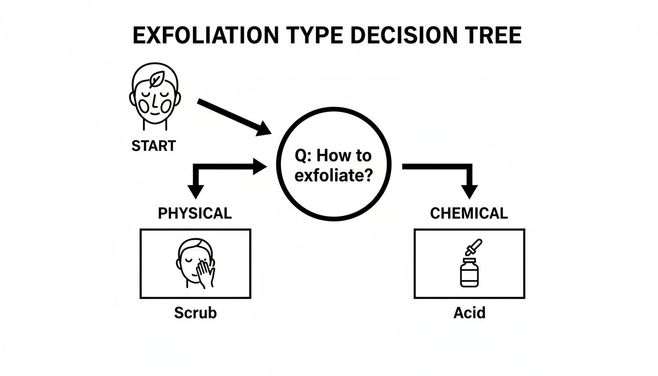 A decision tree flow chart illustrating how to choose an exfoliation type: physical scrub or chemical acid.