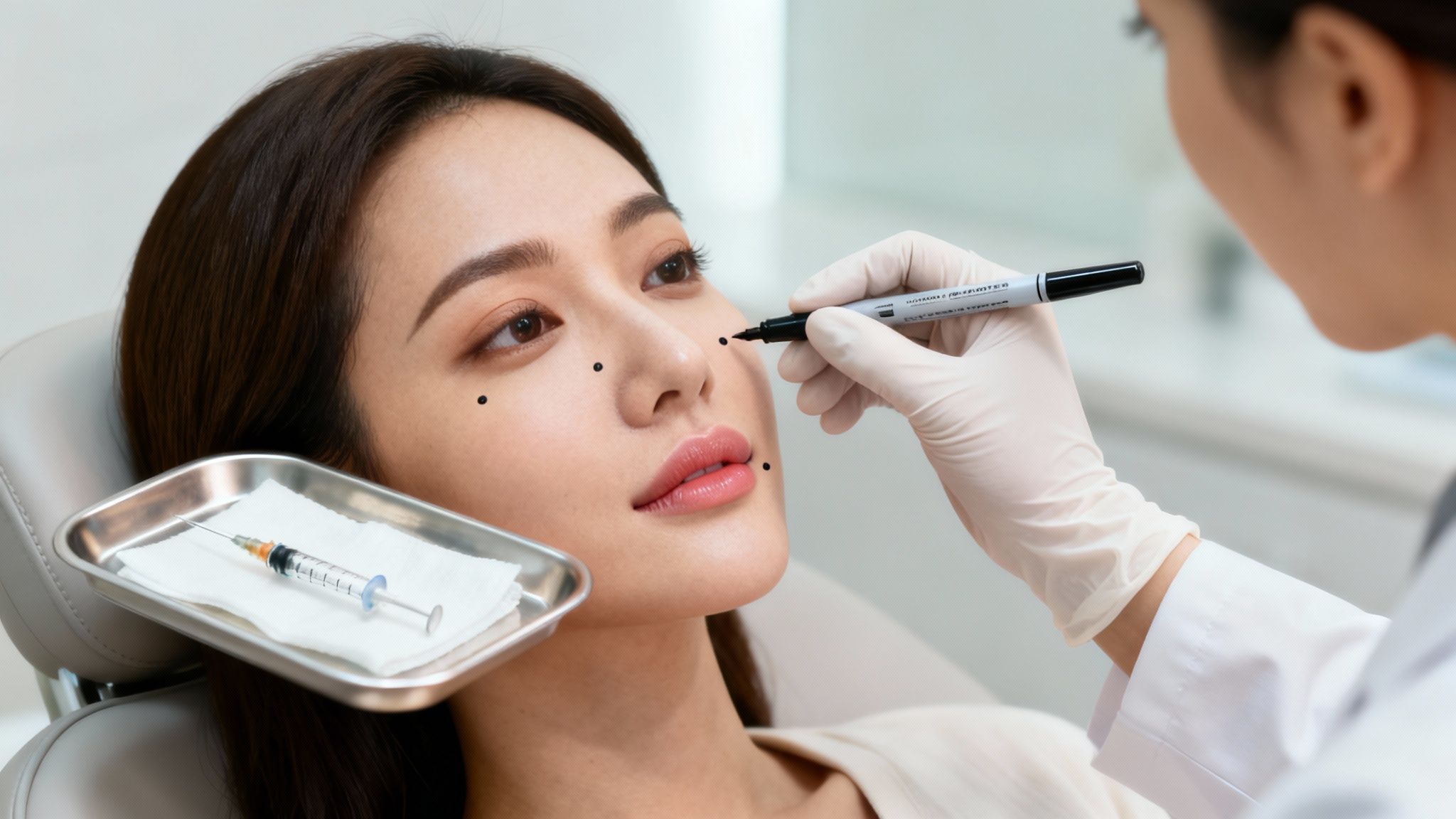 A doctor in gloves marks a patient's face with a pen for a cosmetic procedure, with a syringe on a tray nearby.