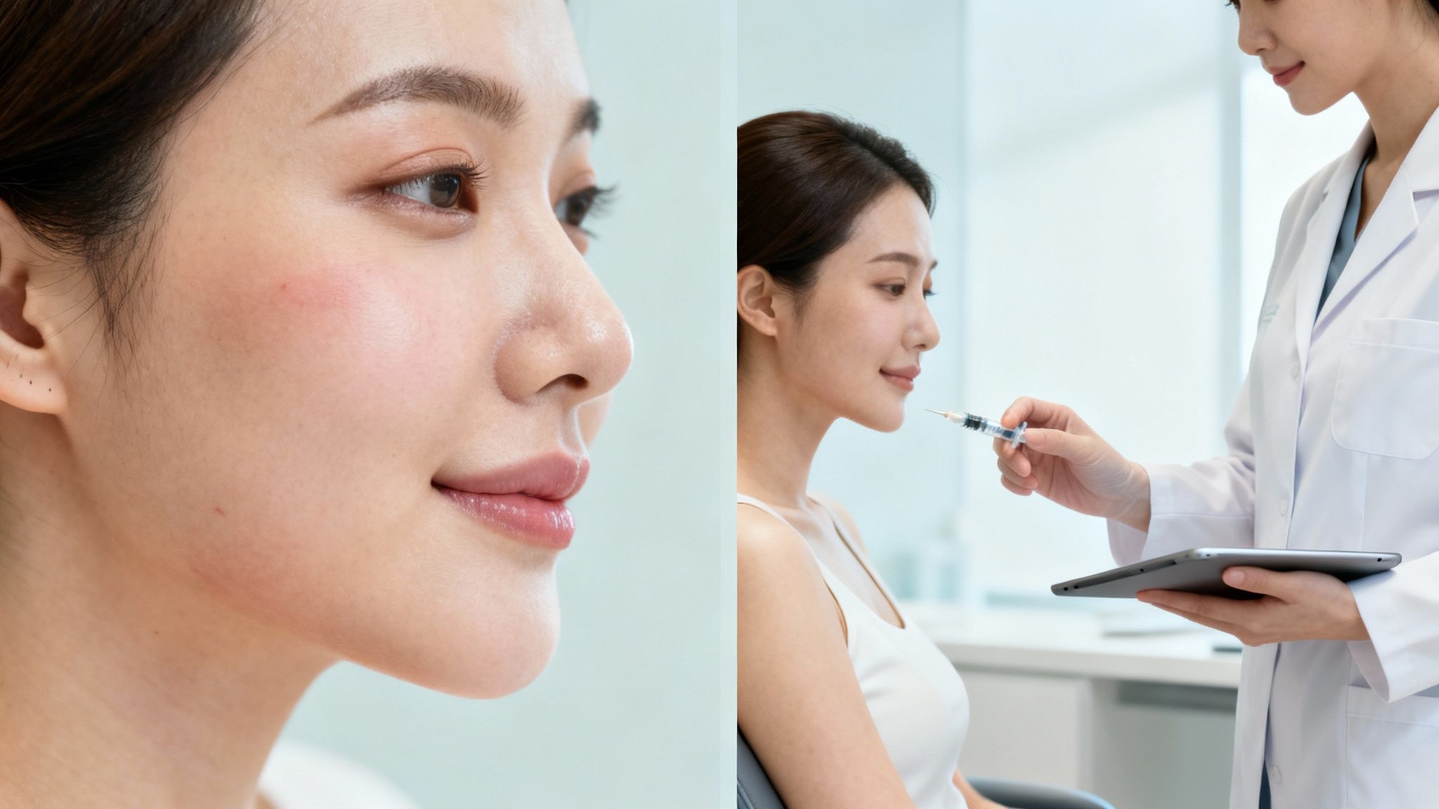 A split image shows a woman's profile and a doctor preparing a syringe for a facial aesthetic treatment.