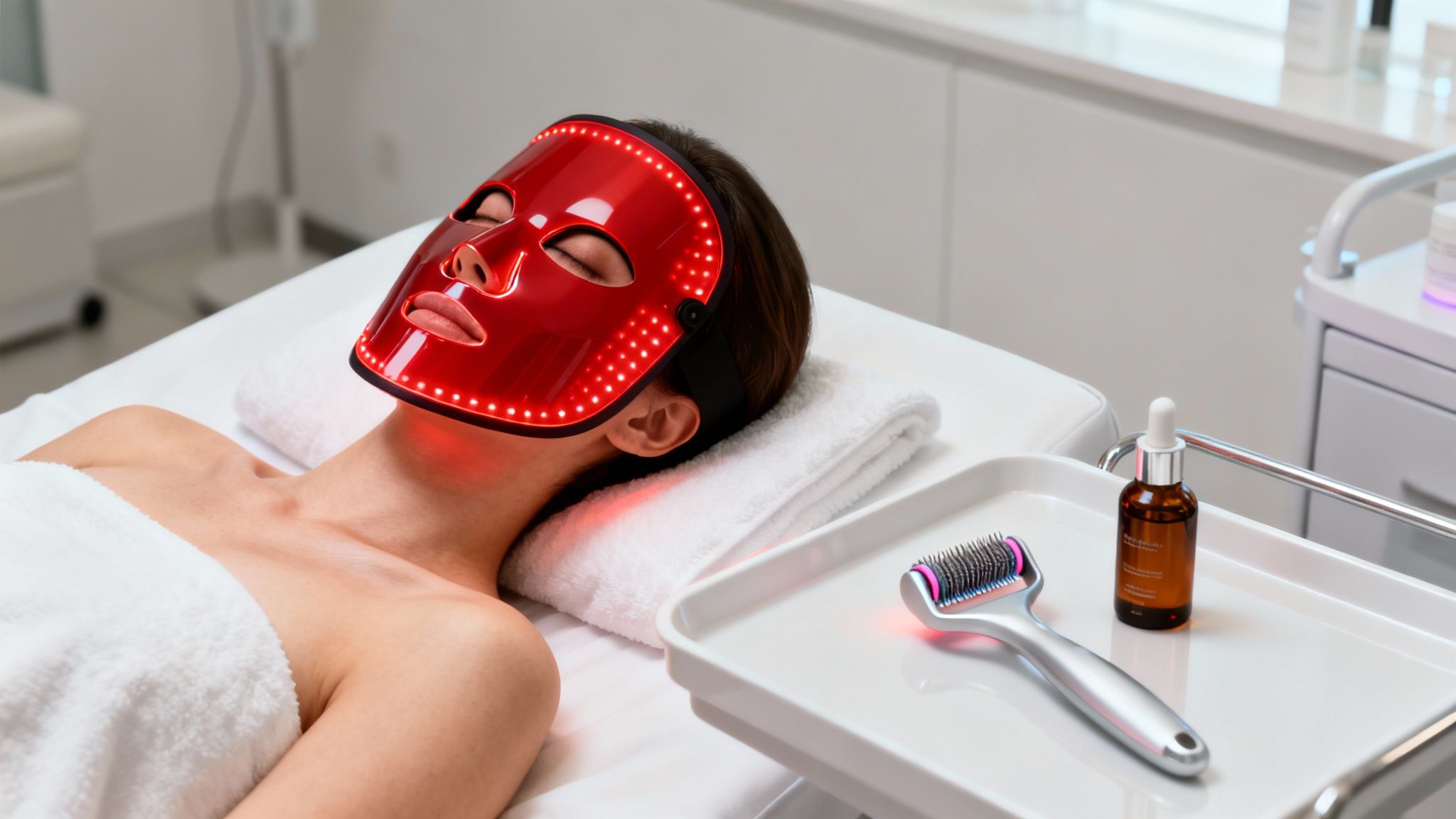 Woman undergoing red LED light therapy mask treatment, with derma roller and serum nearby.