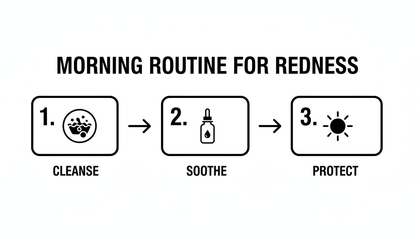 Morning skincare routine for redness, outlining three steps: cleanse, soothe, and protect.