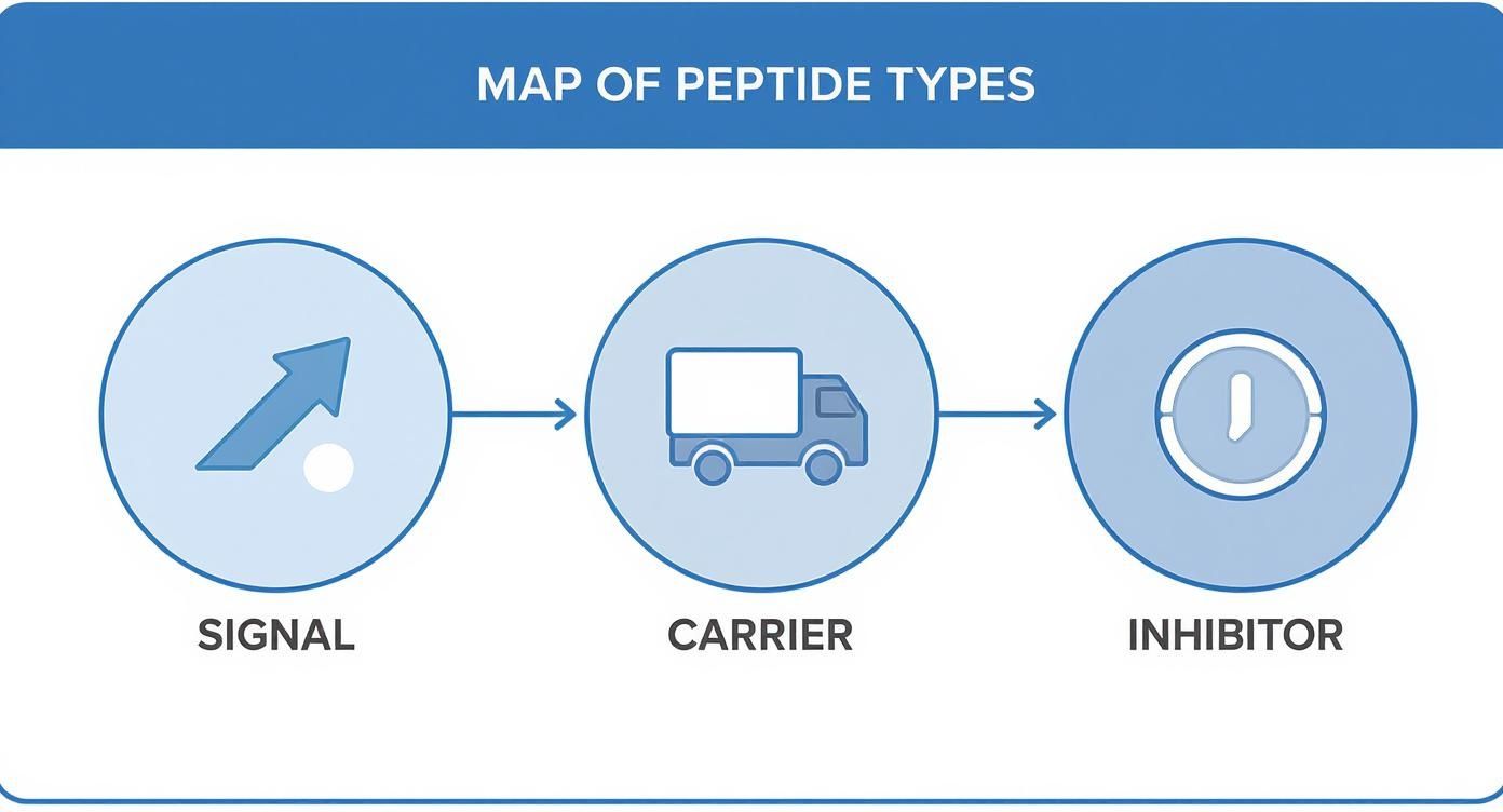 A diagram mapping three types of peptides: signal, carrier, and inhibitor, each with a representative icon.