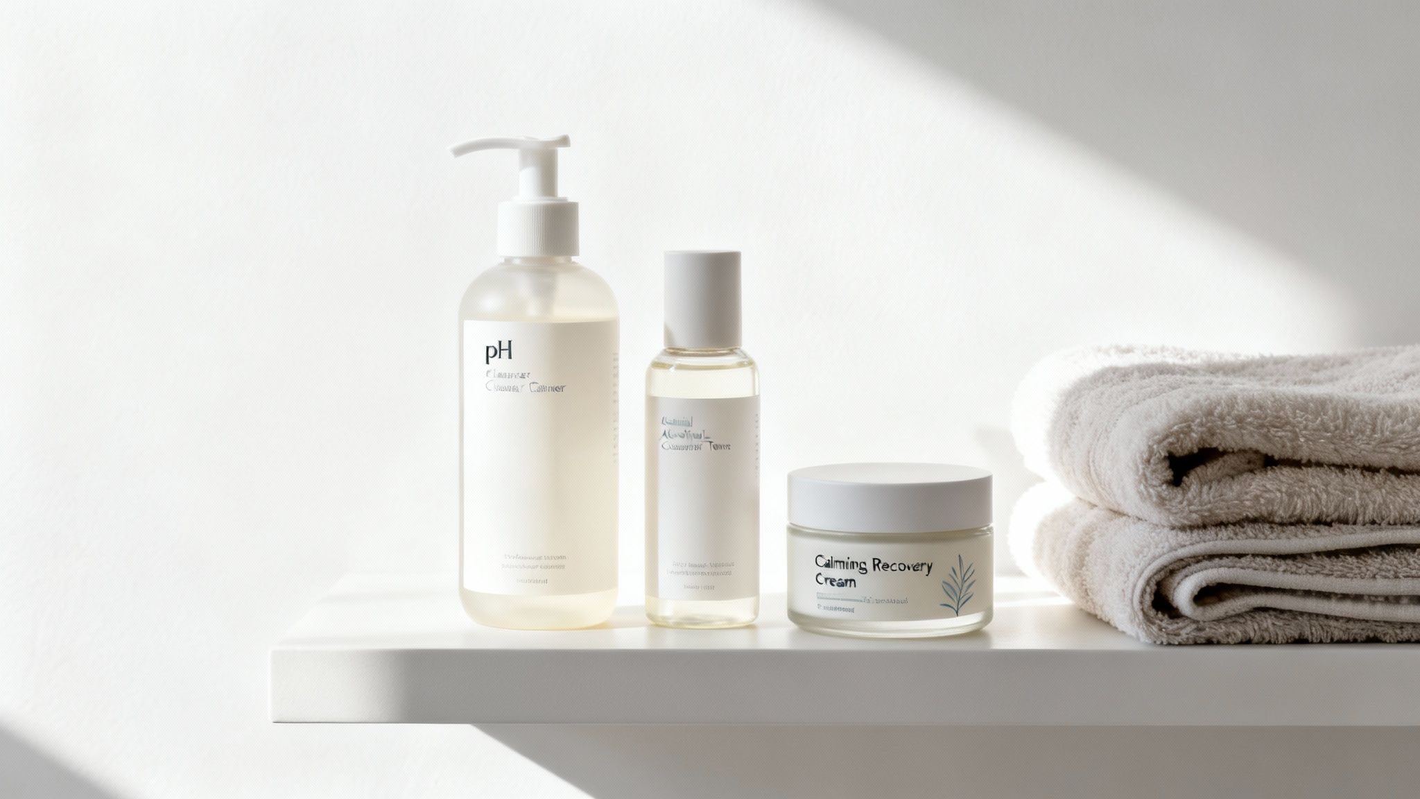 Three white skincare bottles and a jar with two folded white towels on a minimalist shelf.