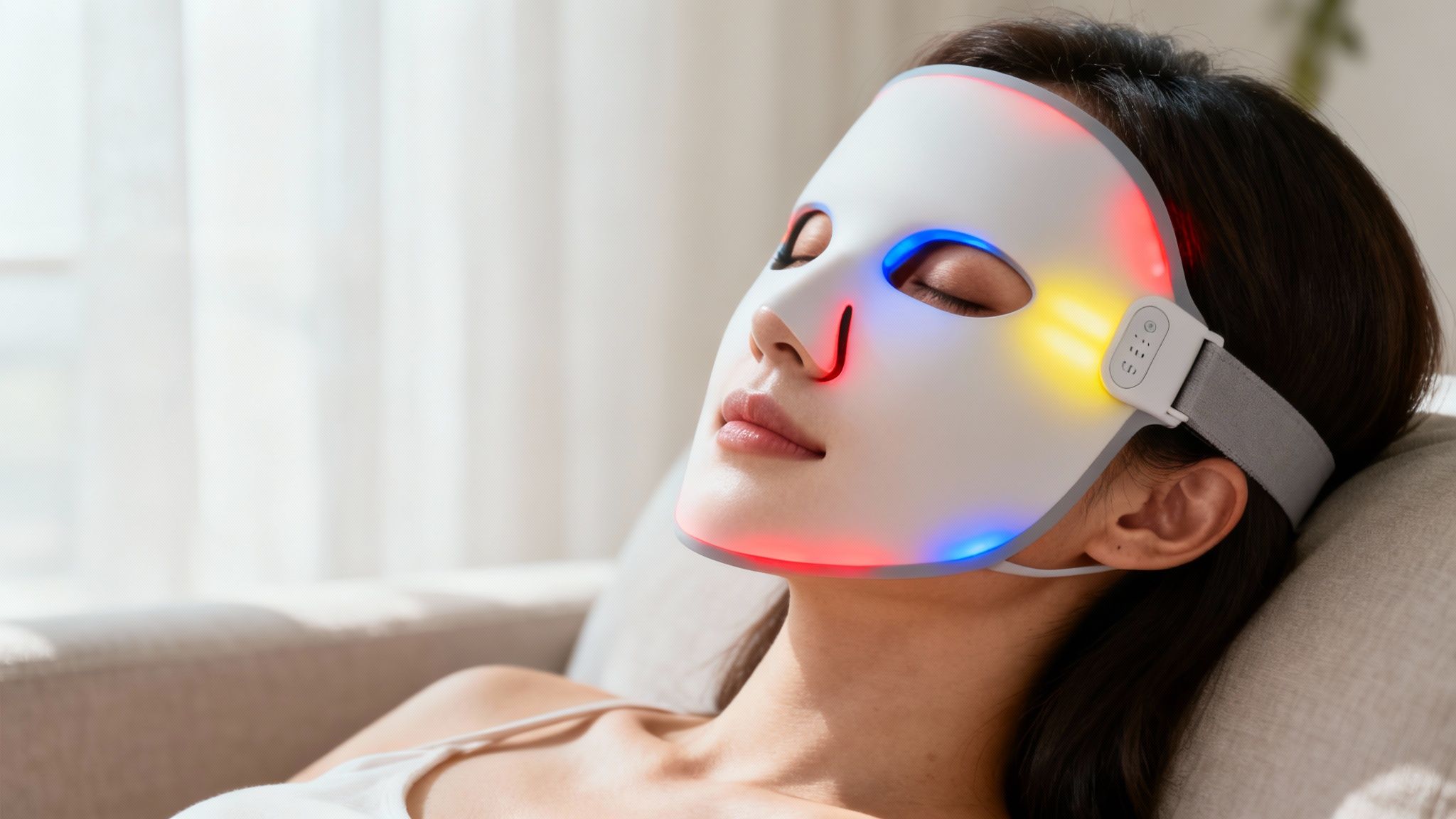 Woman using an LED facial mask