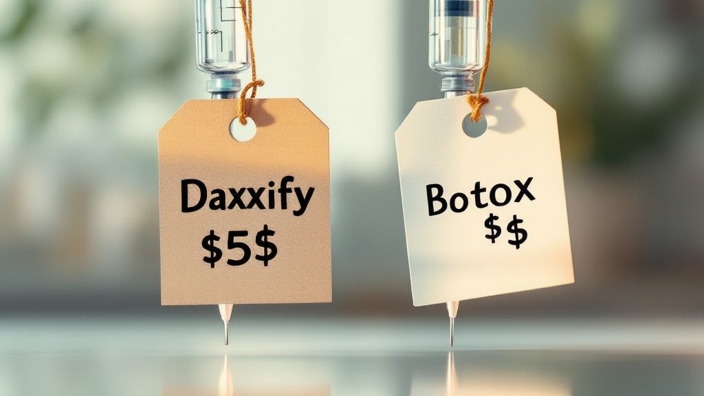A piggy bank and calculator on a desk, symbolizing the financial planning involved in choosing between Daxxify and Botox