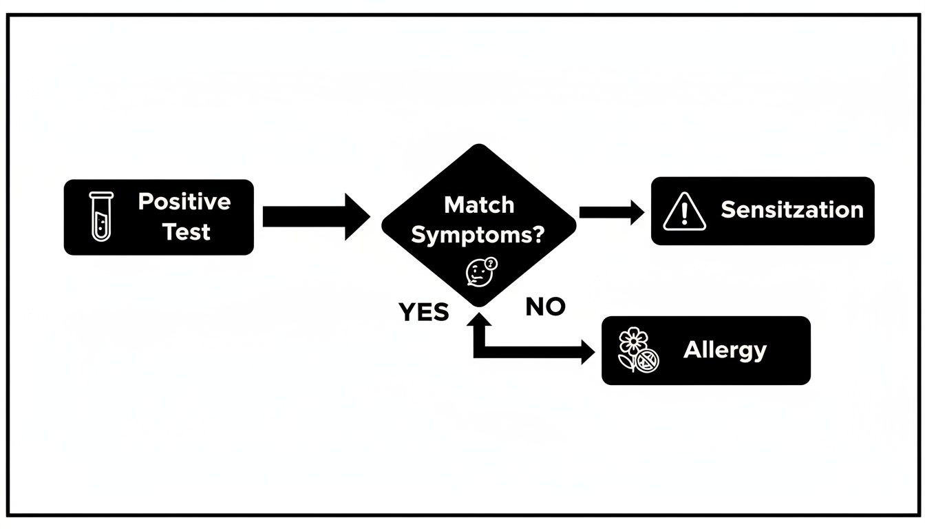 Flowchart showing steps to interpret a positive allergy test result: sensitization vs. allergy.
