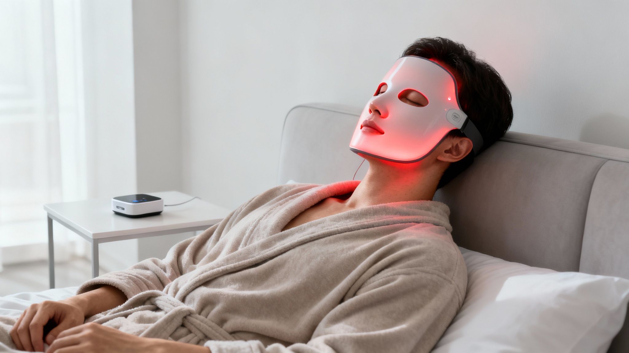 A man in a bathrobe relaxes on a bed wearing a red LED light therapy mask for skincare.