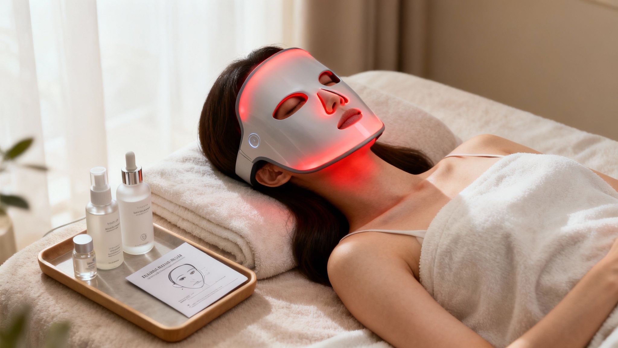 Woman relaxing with a red LED light therapy mask and skincare products at a spa.