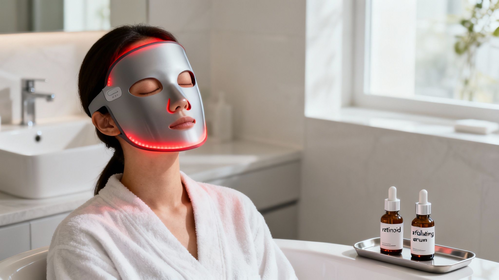 A woman relaxes in a white robe, wearing a red LED light therapy mask for skincare.
