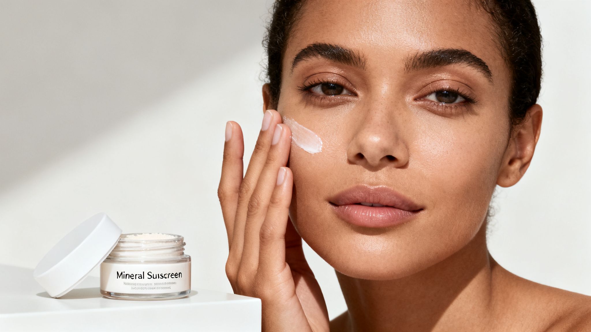 A young woman applies mineral sunscreen to her cheek, promoting healthy skin and sun protection.