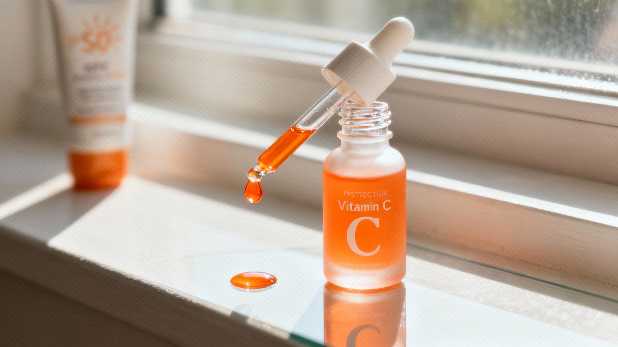A woman applying vitamin C serum in a bright, sunlit room.