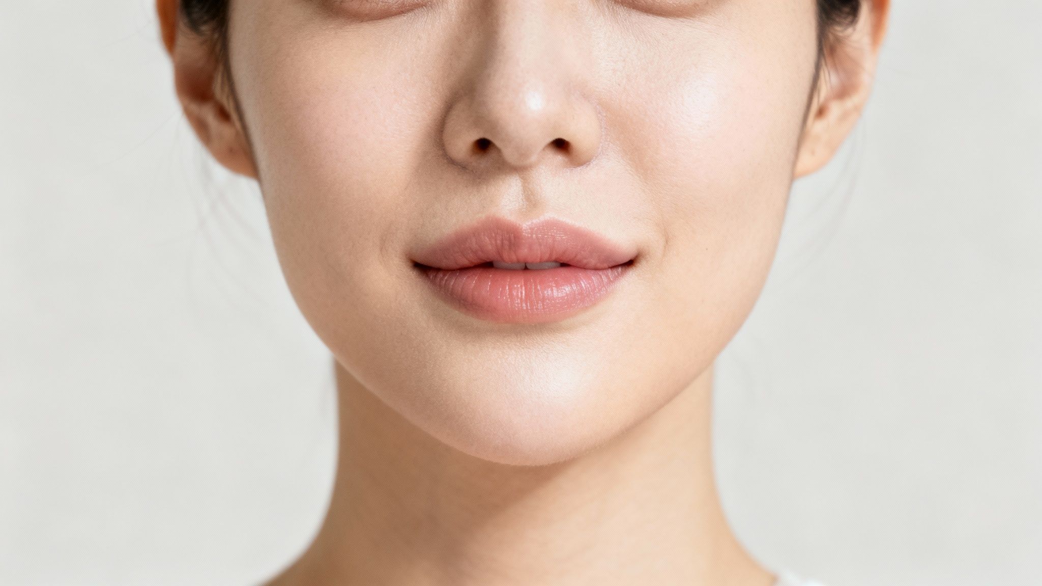 Close-up of a woman's lower face, featuring smooth skin, her nose, and plump, natural-looking lips.