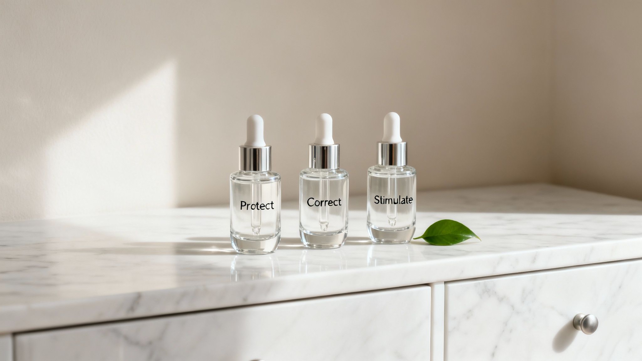 Three clear skincare dropper bottles labeled 'Protect', 'Correct', 'Stimulate' with a green leaf on marble.