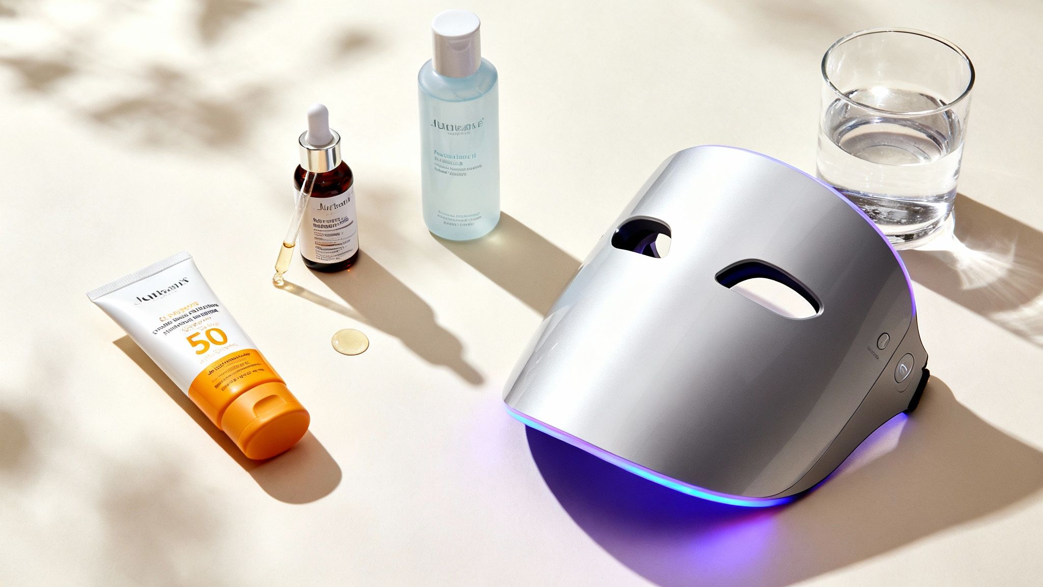 Skincare essentials: sunscreen, serum, toner, and an LED light therapy mask with a glass of water.