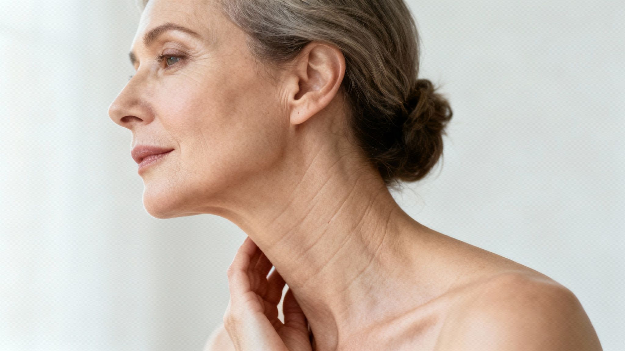 A person pointing to the lines on their neck, highlighting a common area of concern.