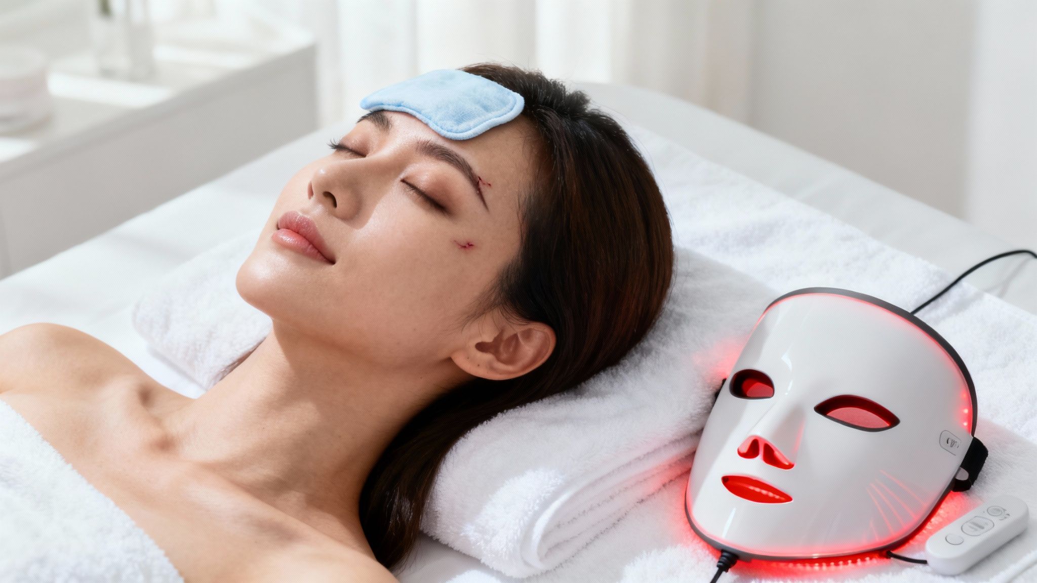 Close-up of a woman with minor facial bruising and an LED light therapy mask for skin recovery.
