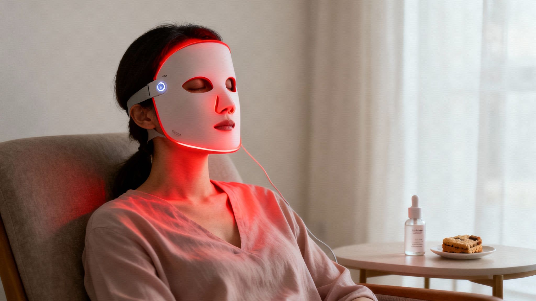 A woman relaxing while wearing a red LED light therapy face mask indoors.