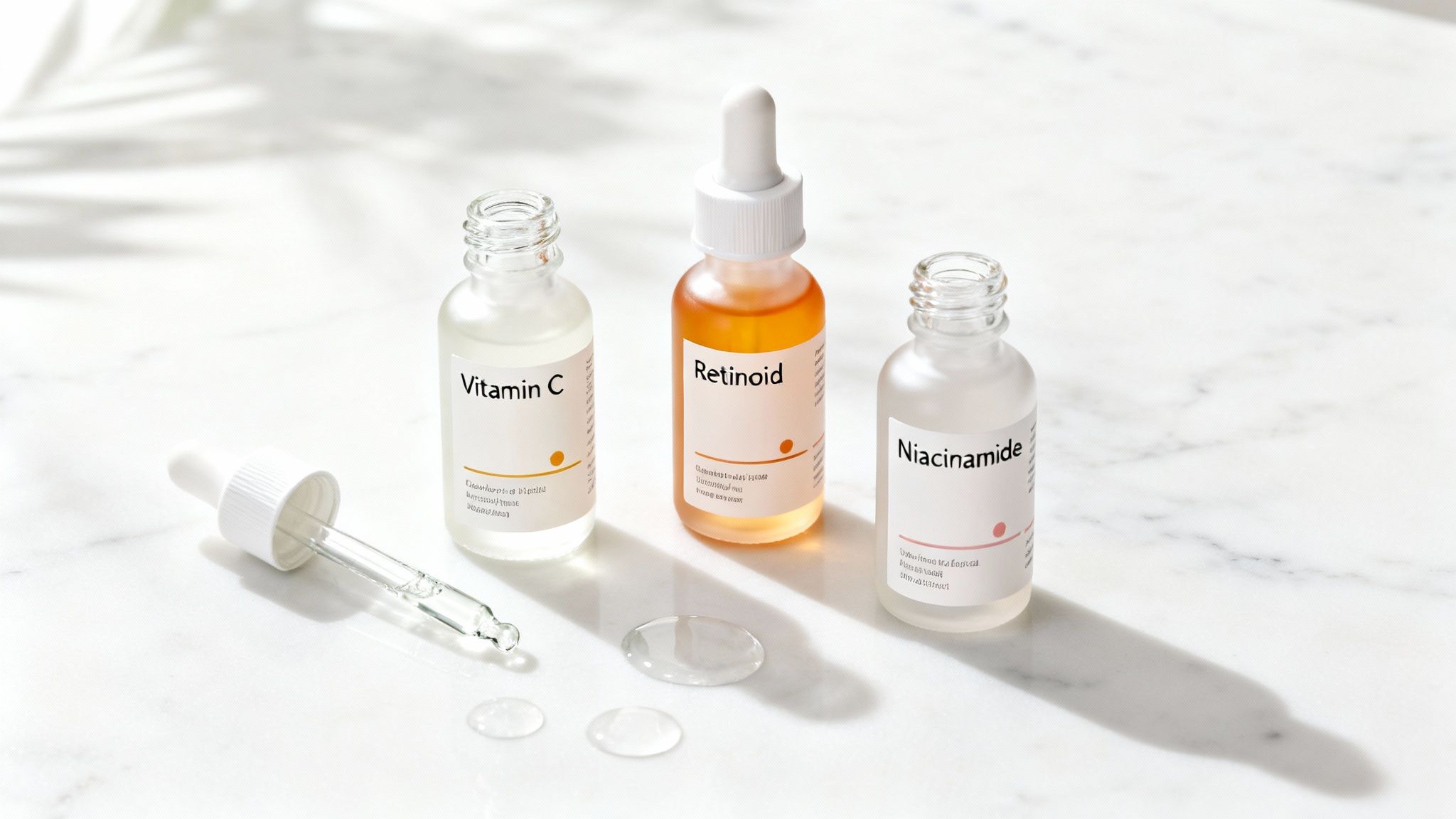 Three skincare serum bottles (Vitamin C, Retinoid, Niacinamide) and a dropper on a white marble surface.