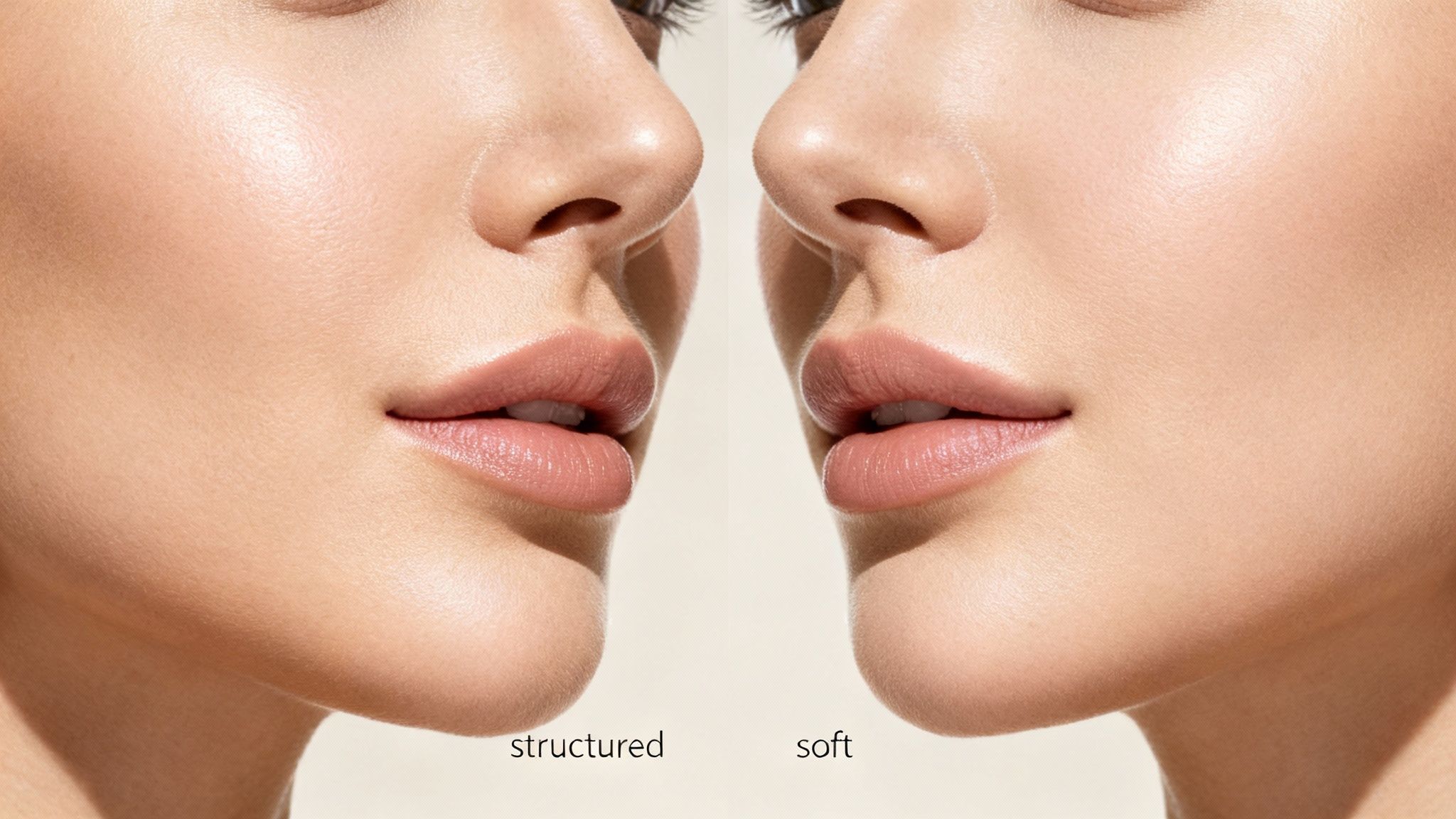 Close-up comparison of a woman's lower face, showing 'structured' versus 'soft' cosmetic results.